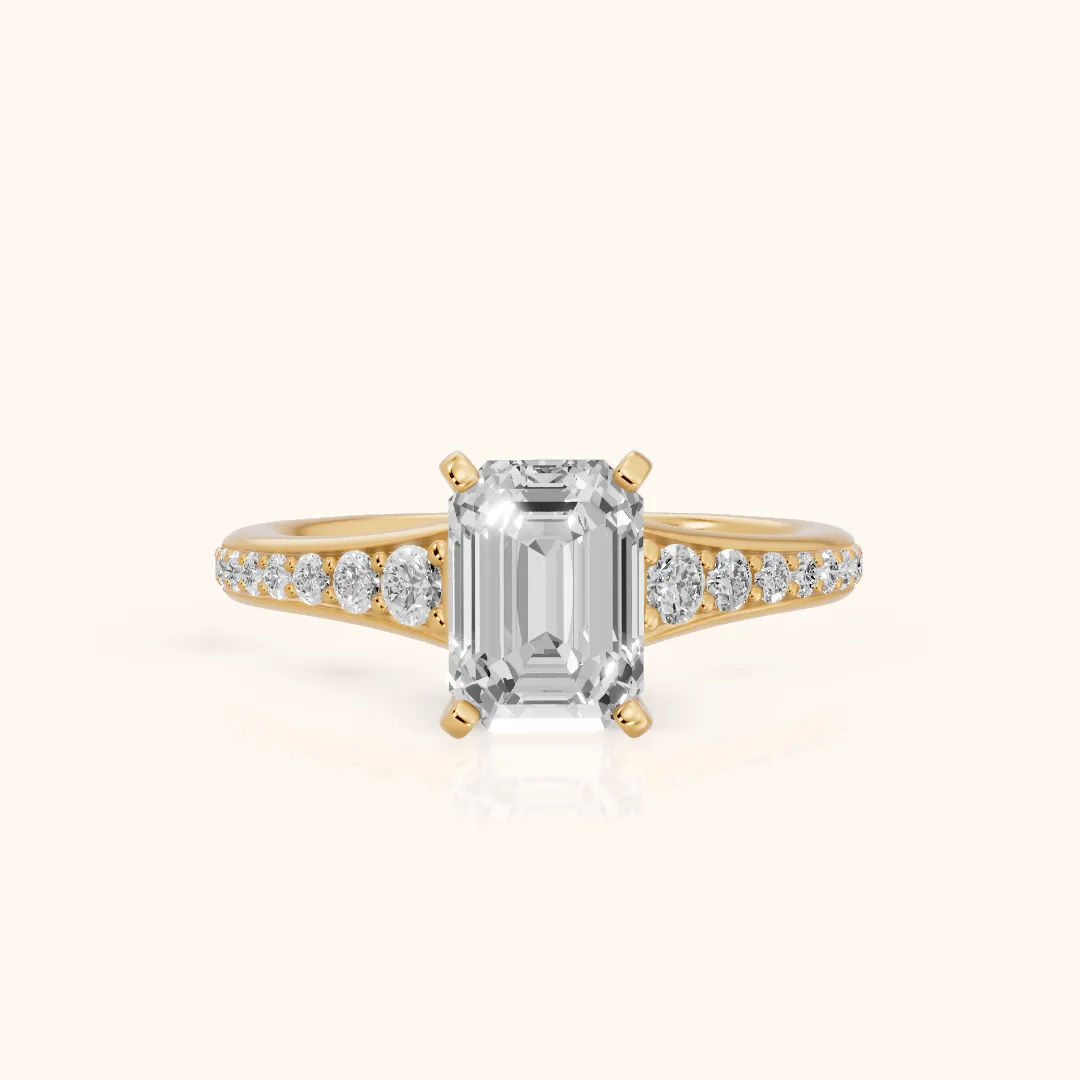 Calista Graduated Pavé Emerald Diamond Engagement Ring in Yellow Gold — view 2