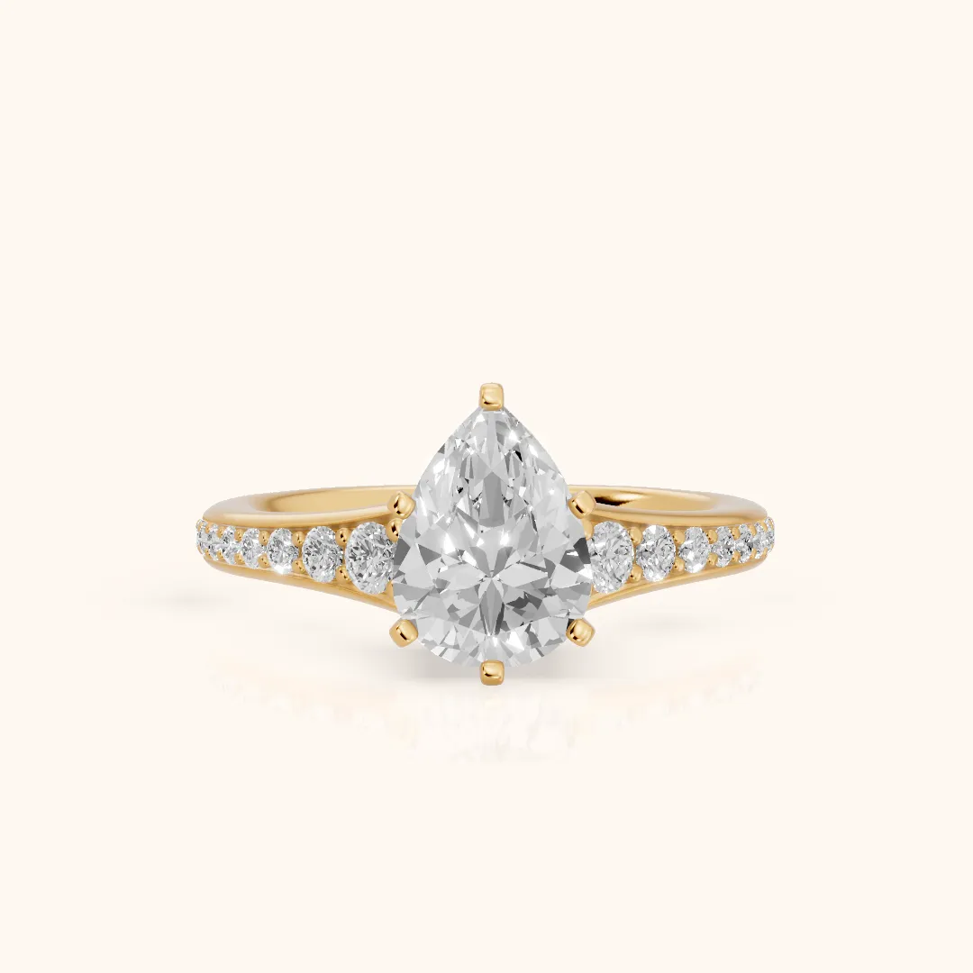 Calista Graduated Pavé Pear Diamond Engagement Ring in Yellow Gold — view 2