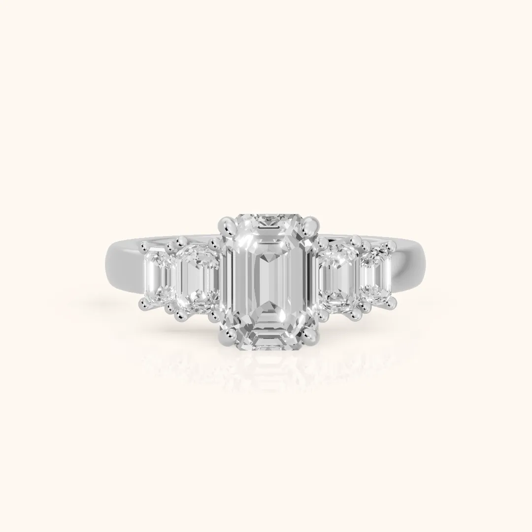 Damaris Baguette Five-Stone Emerald Diamond Engagement Ring in Silver — view 2