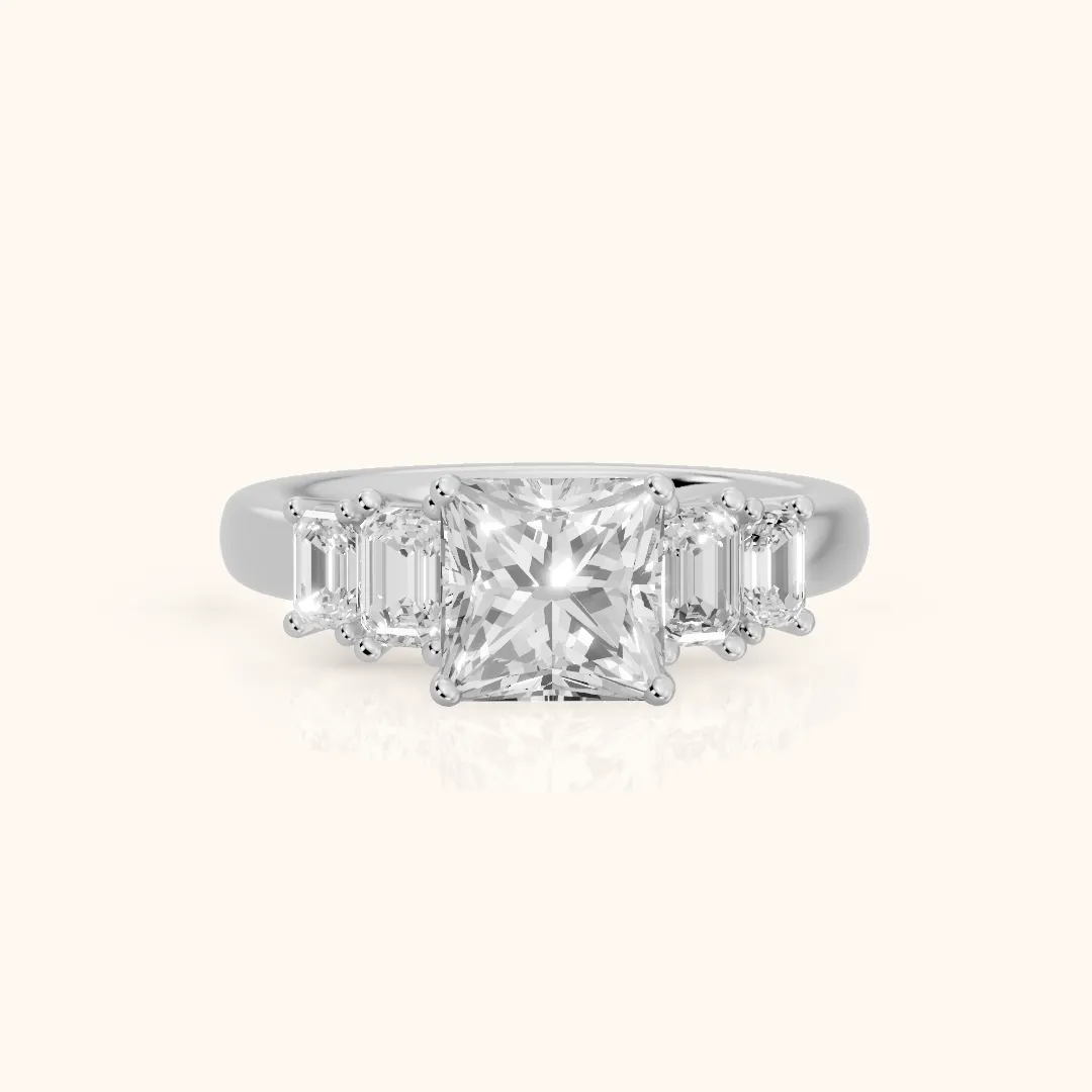 Damaris Baguette Five-Stone Princess Diamond Engagement Ring in Silver — view 2