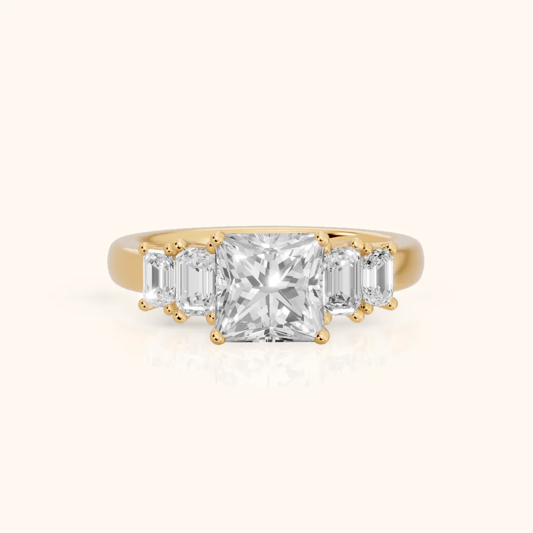 Damaris Baguette Five-Stone Princess Diamond Engagement Ring in Yellow Gold — view 2