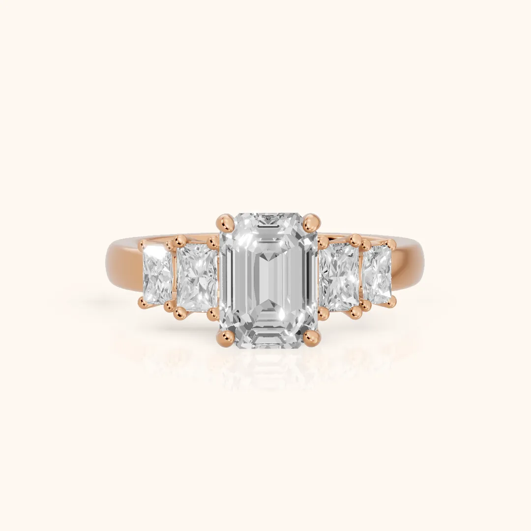 Desiree Graduated Five-Stone Emerald Diamond Engagement Ring in Rose Gold — view 2