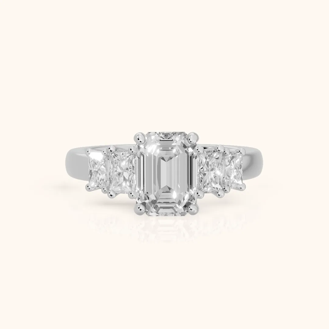 Desiree Graduated Five-Stone Emerald Diamond Engagement Ring in Platinum — view 2