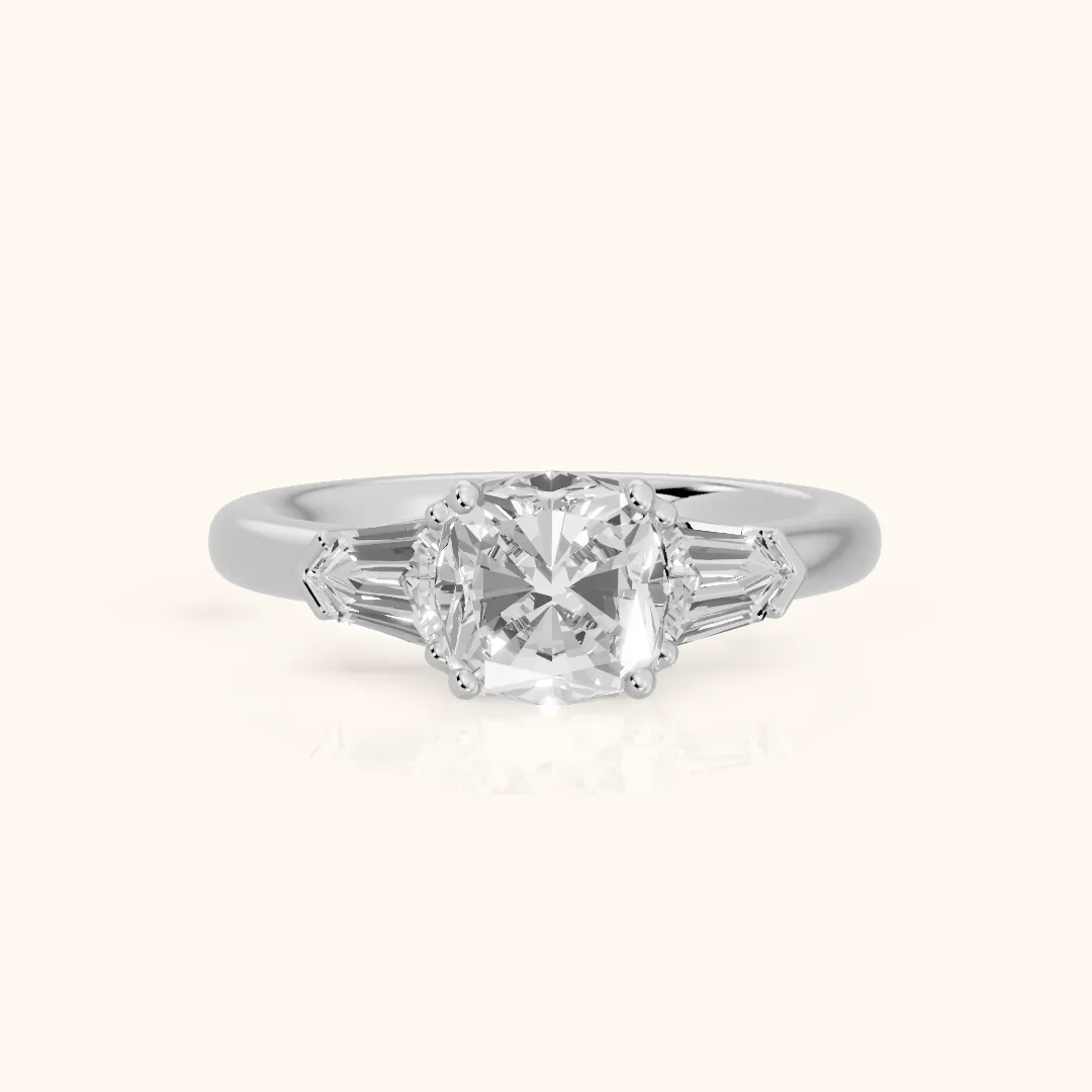 Dorothea Baguette Three-Stone Cushion Diamond Engagement Ring in Silver — view 2