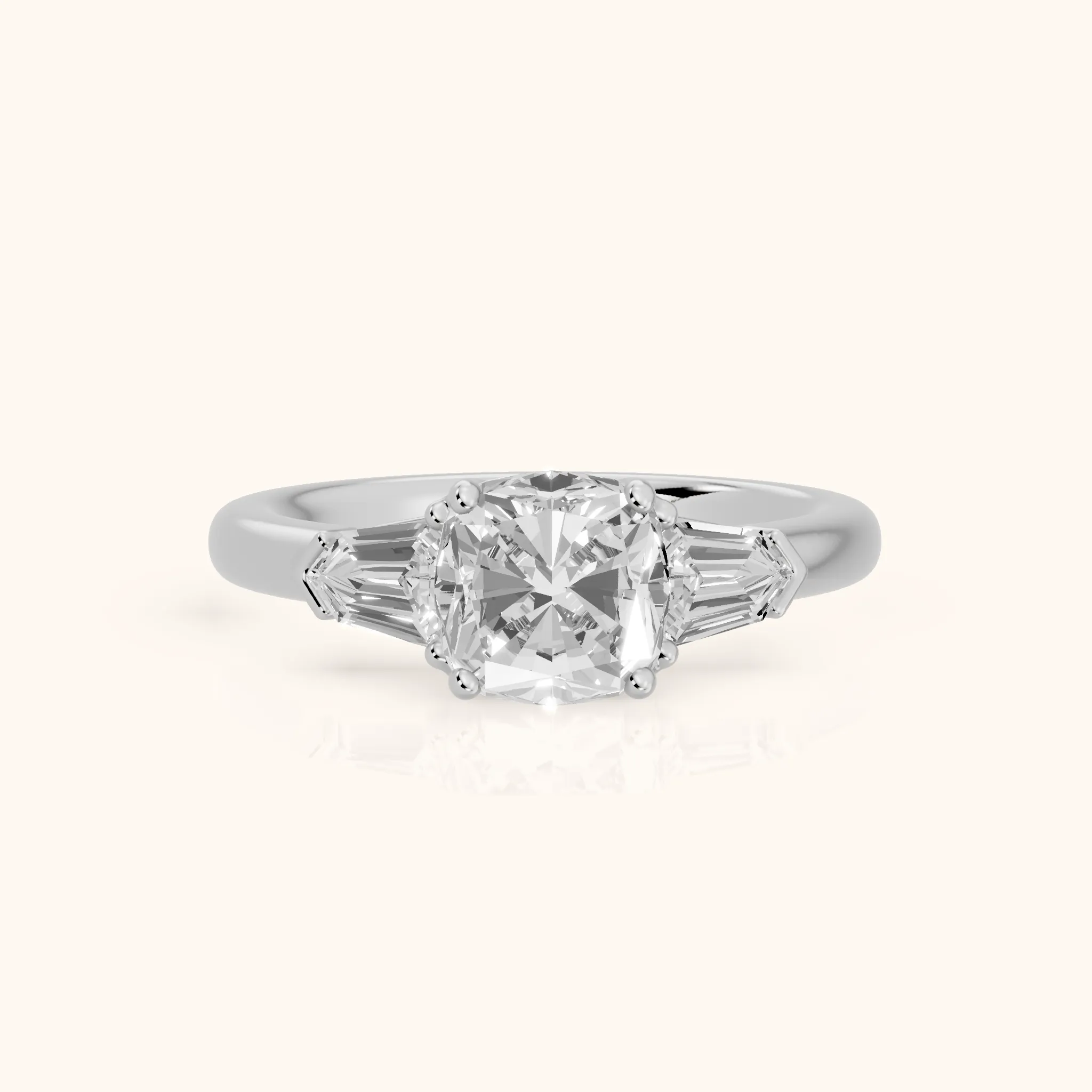 Dorothea Baguette Three-Stone Cushion Diamond Engagement Ring in Silver — view 1