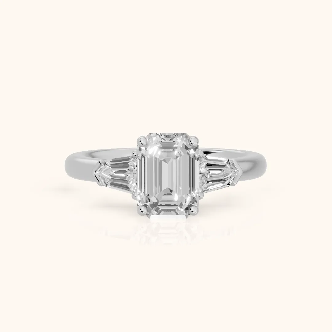 Dorothea Baguette Three-Stone Emerald Diamond Engagement Ring in Silver — view 2