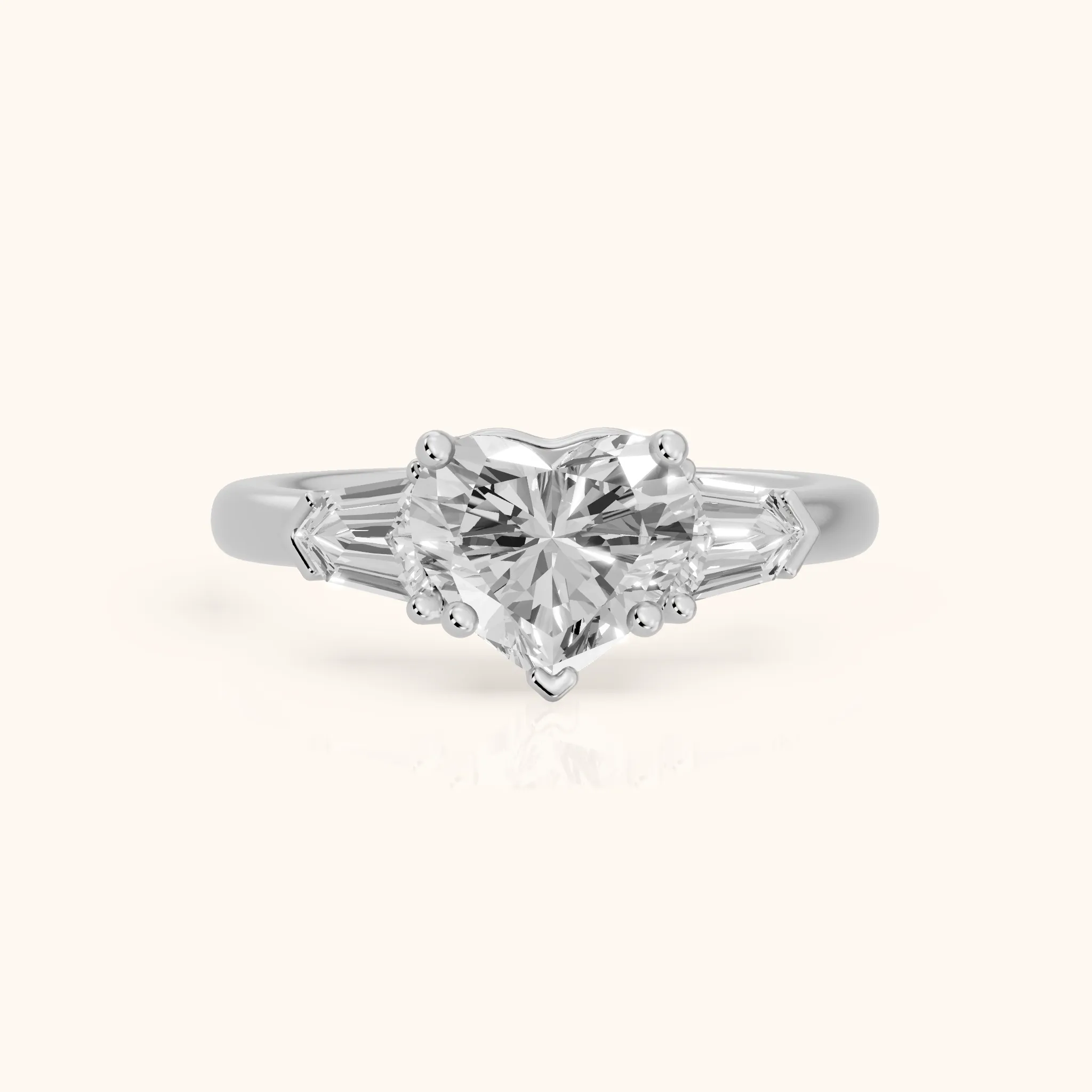Dorothea Baguette Three-Stone Heart Diamond Engagement Ring in Silver — view 1