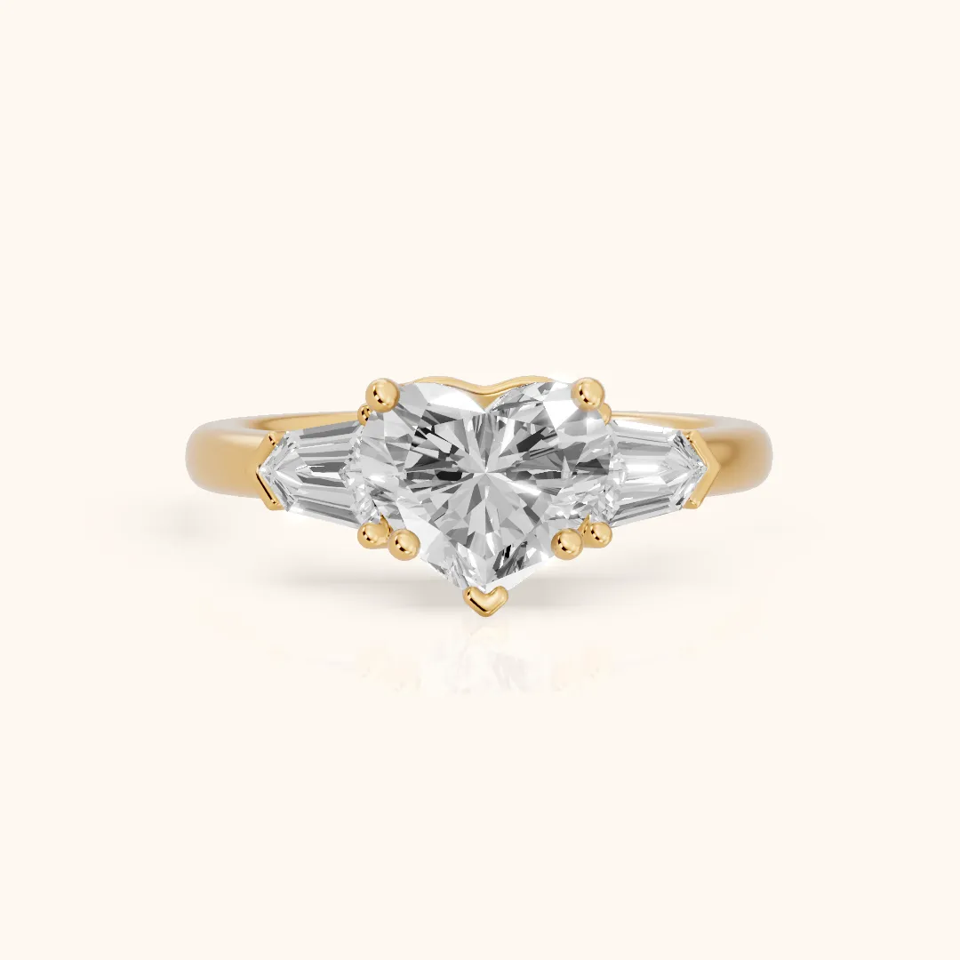 Dorothea Baguette Three-Stone Heart Diamond Engagement Ring in Yellow Gold — view 2
