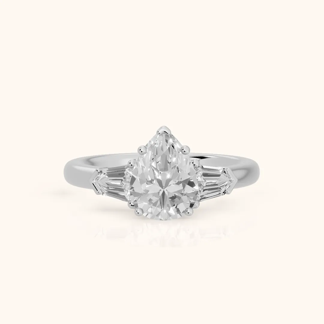 Dorothea Baguette Three-Stone Pear Diamond Engagement Ring in Silver — view 2