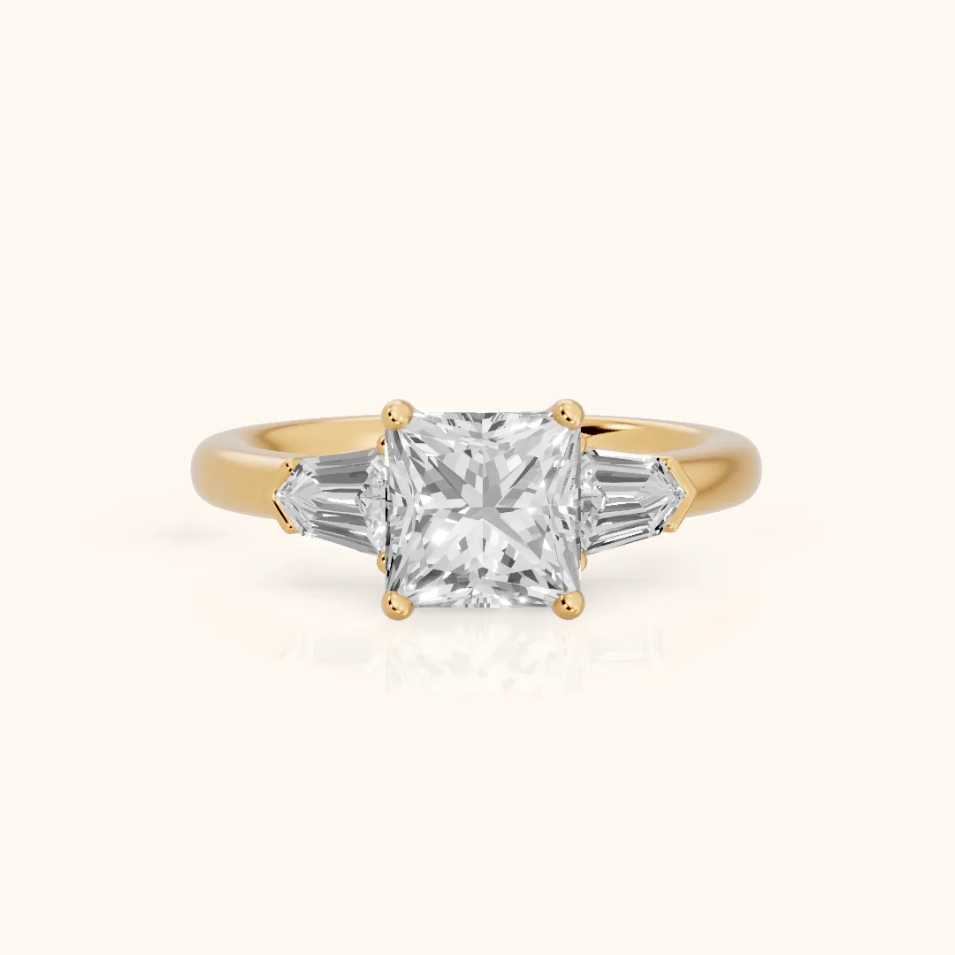 Dorothea Baguette Three-Stone Princess Diamond Engagement Ring in Yellow Gold — view 2