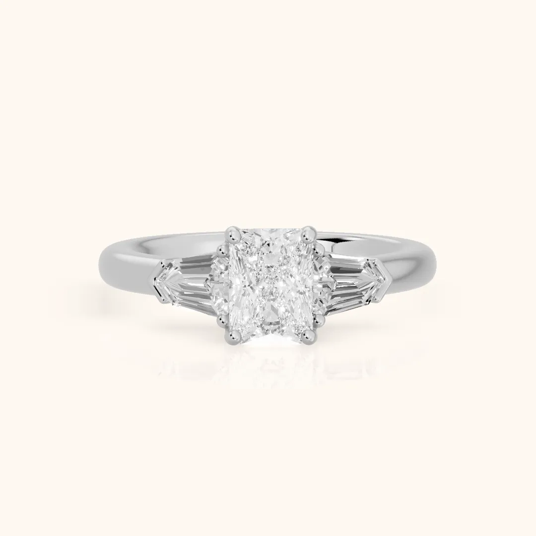 Dorothea Baguette Three-Stone Radiant Diamond Engagement Ring in White Gold — view 2