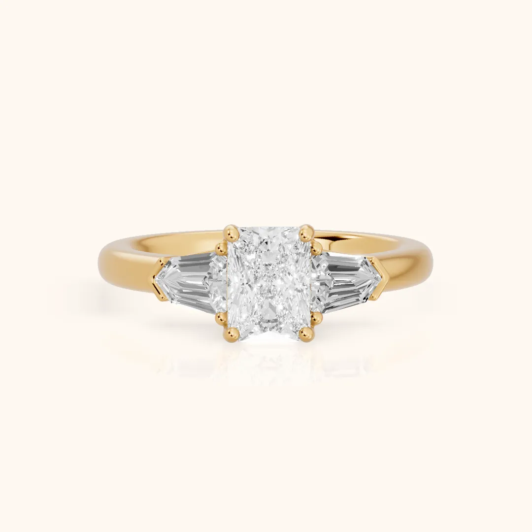 Dorothea Baguette Three-Stone Radiant Diamond Engagement Ring in Yellow Gold — view 2