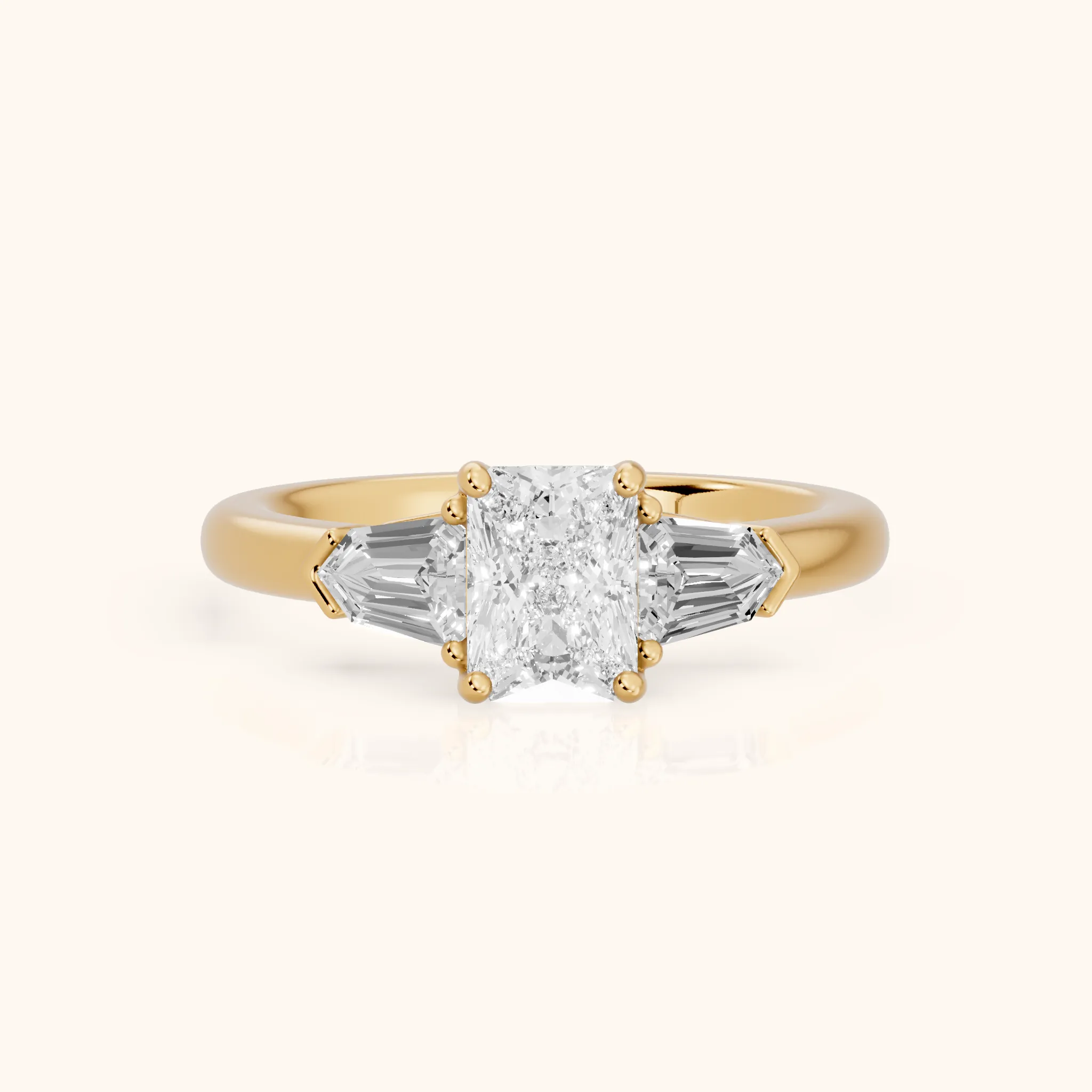 Dorothea Baguette Three-Stone Radiant Diamond Engagement Ring in Yellow Gold — view 1