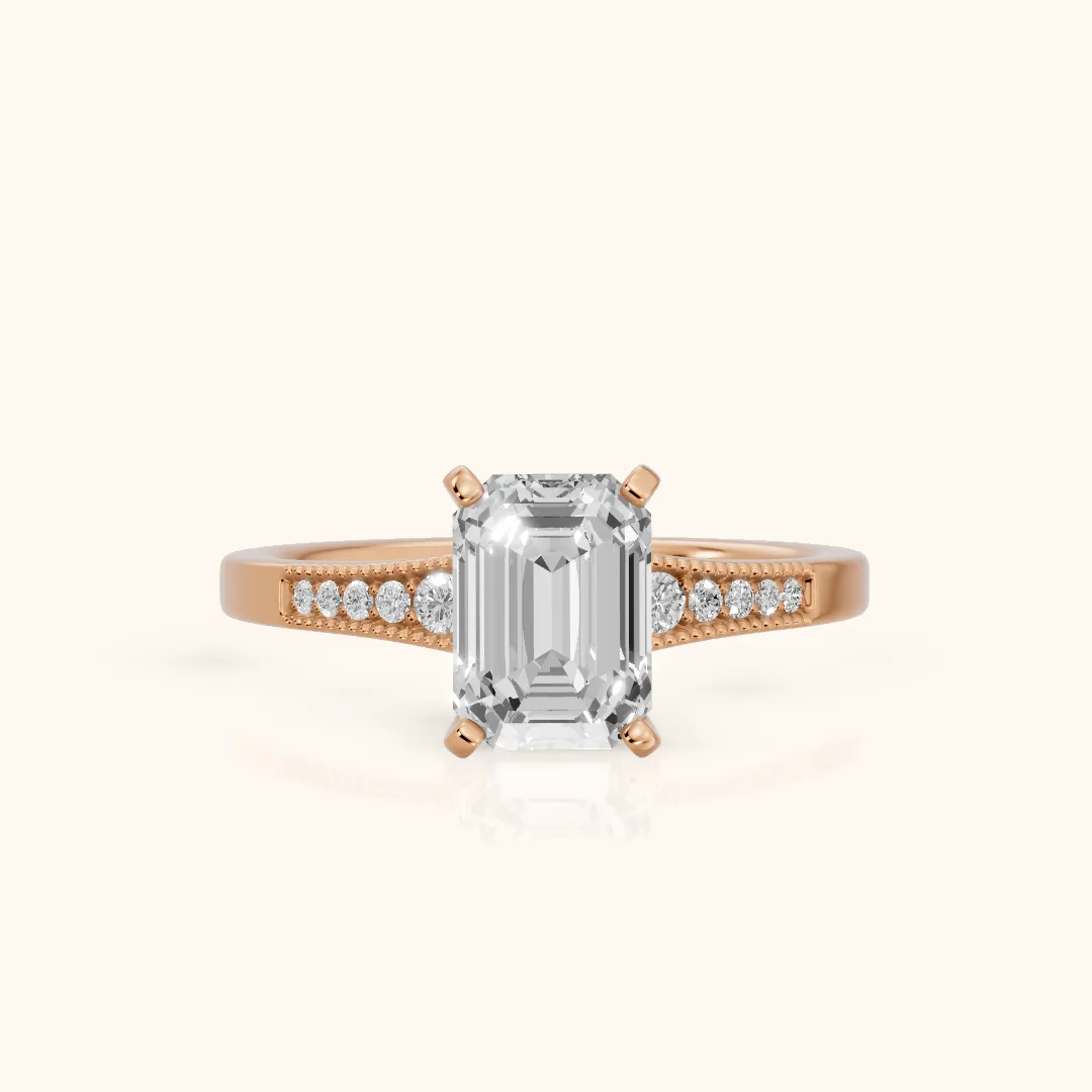 Fenella Milgrain Pavé Emerald Diamond Engagement Ring in Rose Gold — view 2