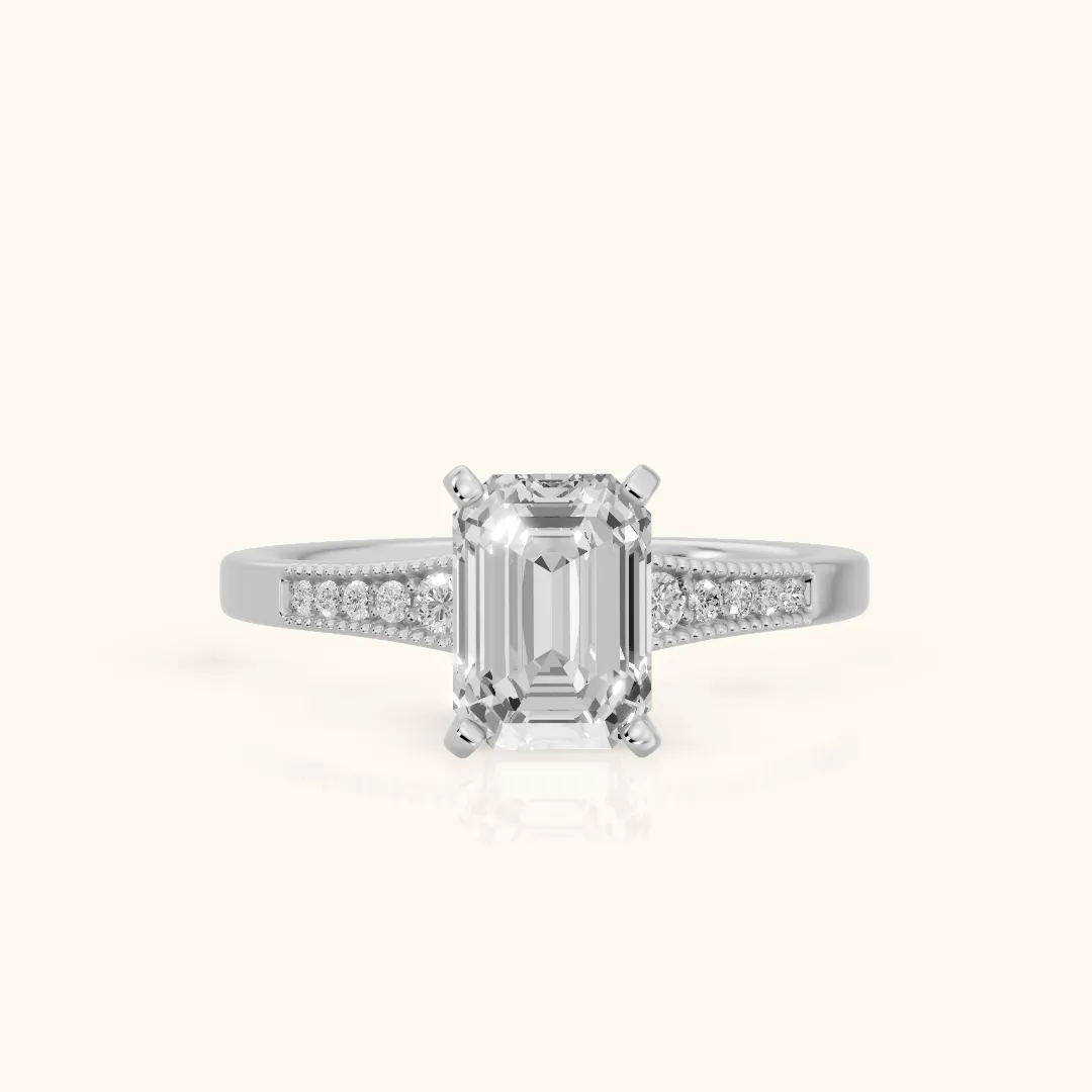 Fenella Milgrain Pavé Emerald Diamond Engagement Ring in Platinum — view 2