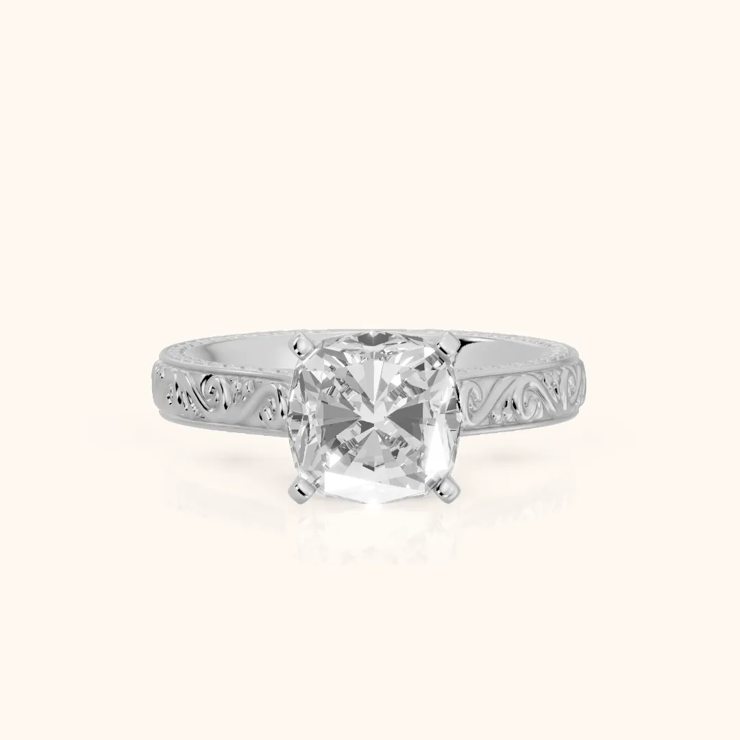 Fia Vintage Engraved Cushion Diamond Engagement Ring in Silver — view 2