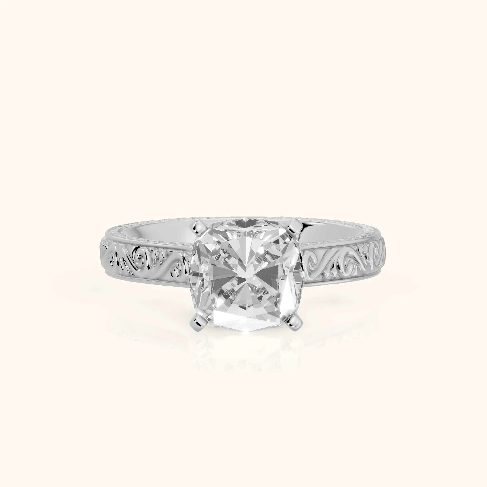 Fia Vintage Engraved Cushion Diamond Engagement Ring in Silver — view 1