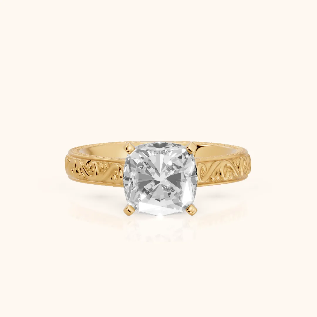 Fia Vintage Engraved Cushion Diamond Engagement Ring in Yellow Gold — view 2