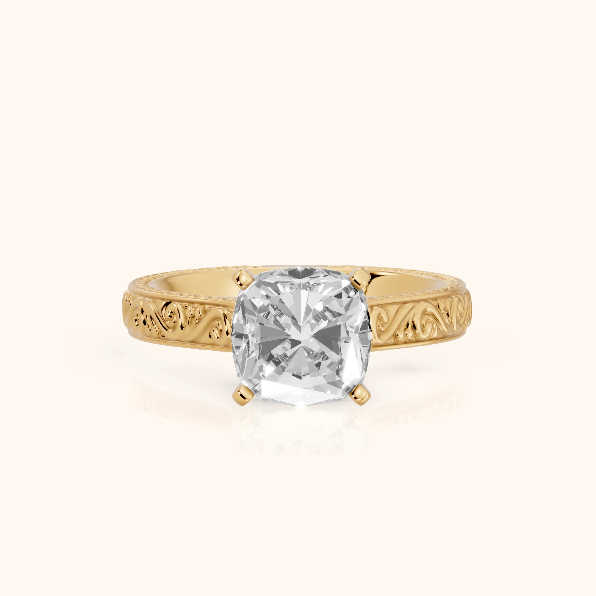 Fia Vintage Engraved Cushion Diamond Engagement Ring in Yellow Gold — view 1