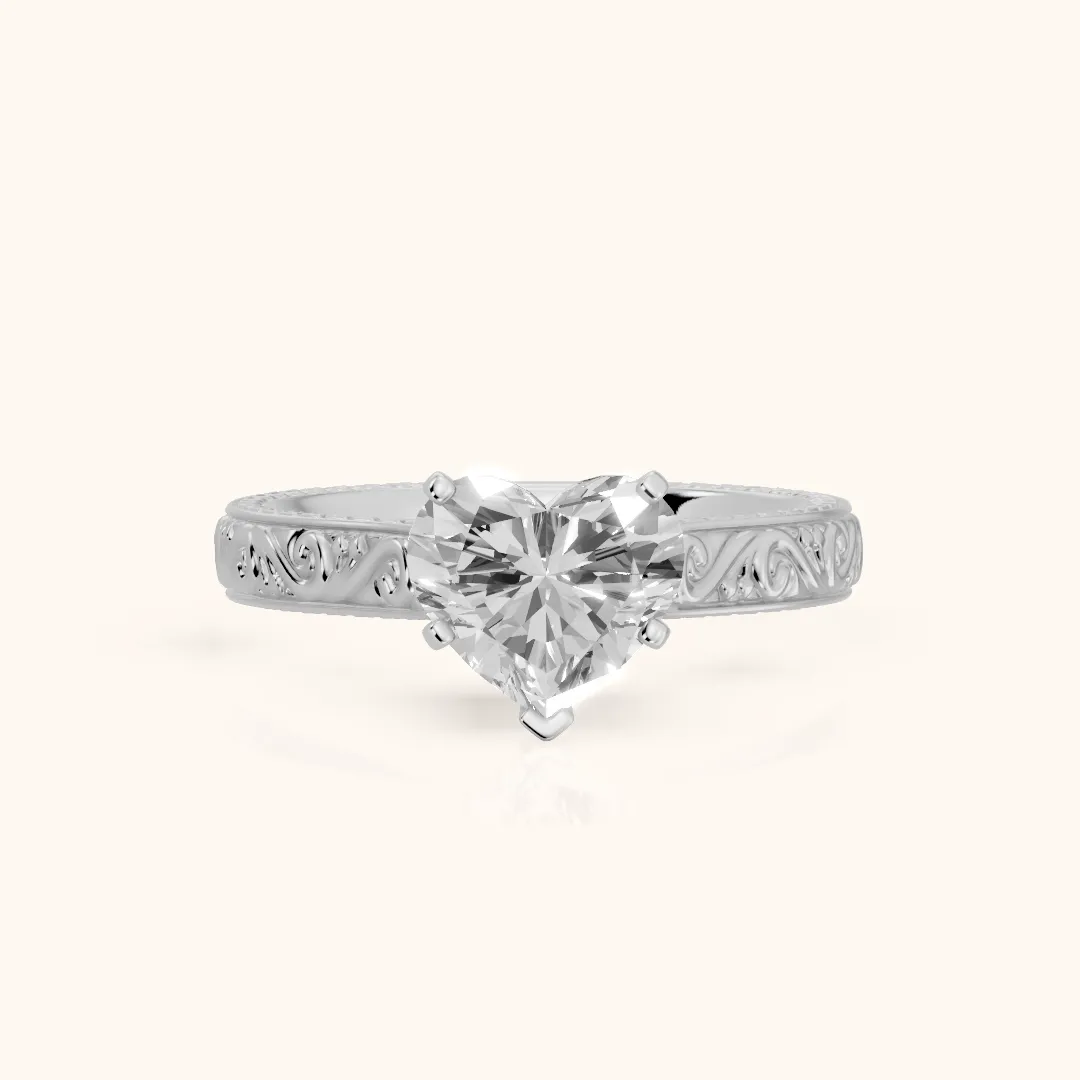 Fia Vintage Engraved Heart Diamond Engagement Ring in Silver — view 2