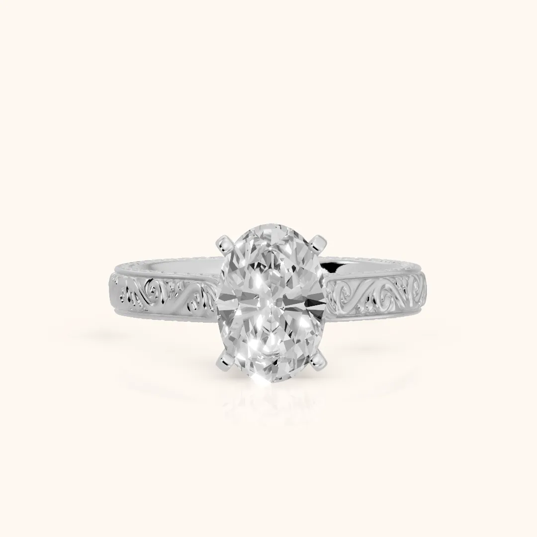 Fia Vintage Engraved Oval Diamond Engagement Ring in White Gold — view 2