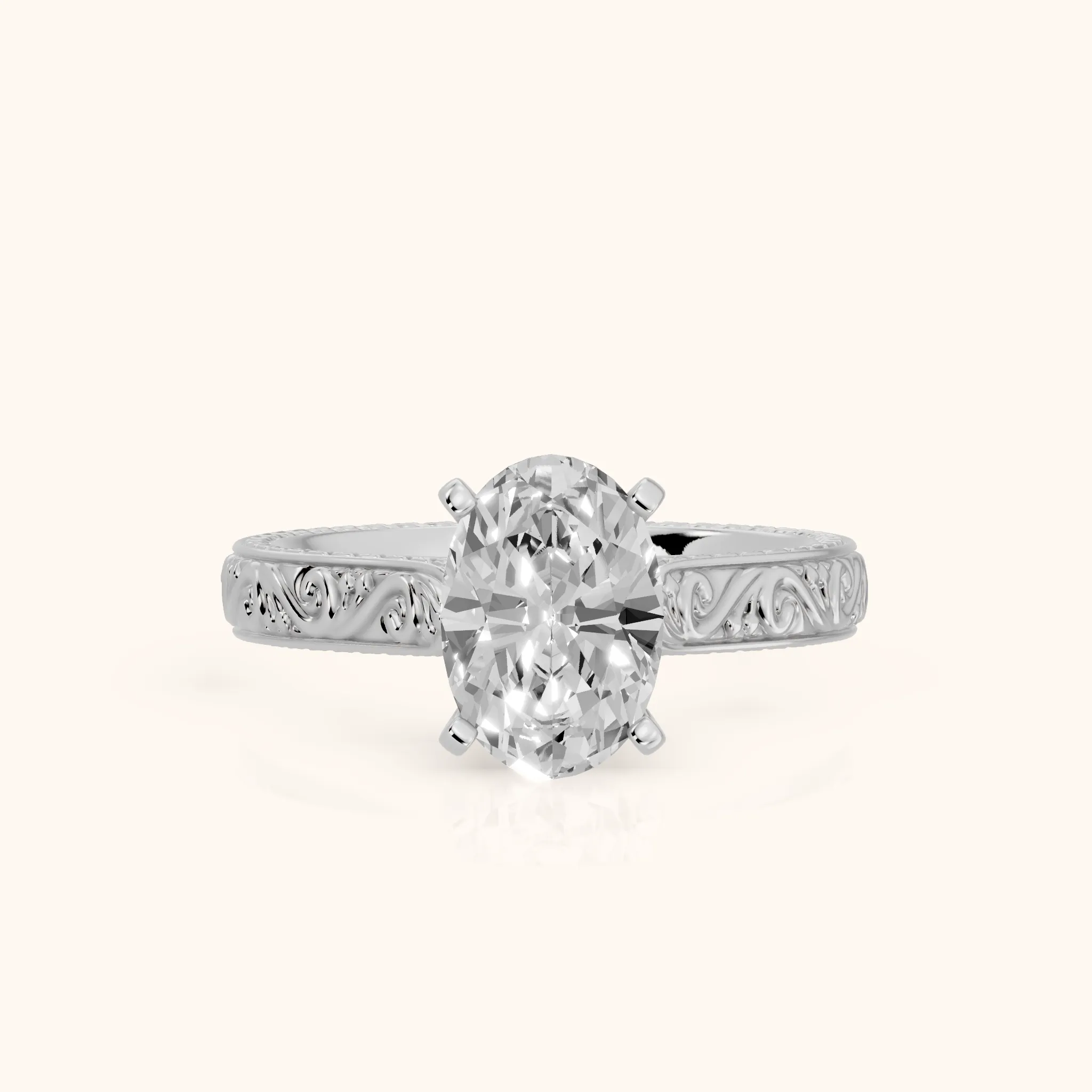 Fia Vintage Engraved Oval Diamond Engagement Ring in White Gold — view 1