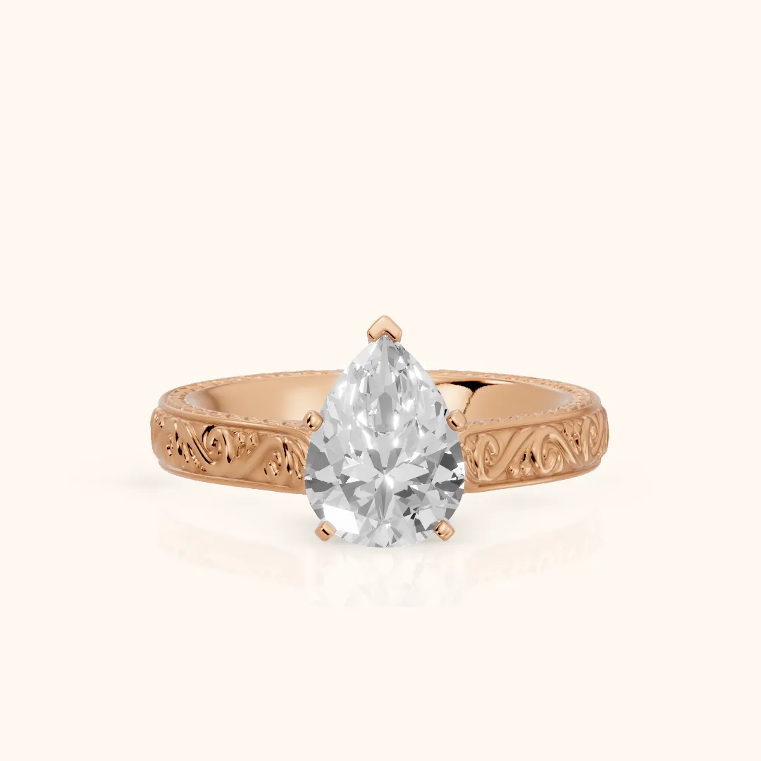 Fia Vintage Engraved Pear Diamond Engagement Ring in Rose Gold — view 2