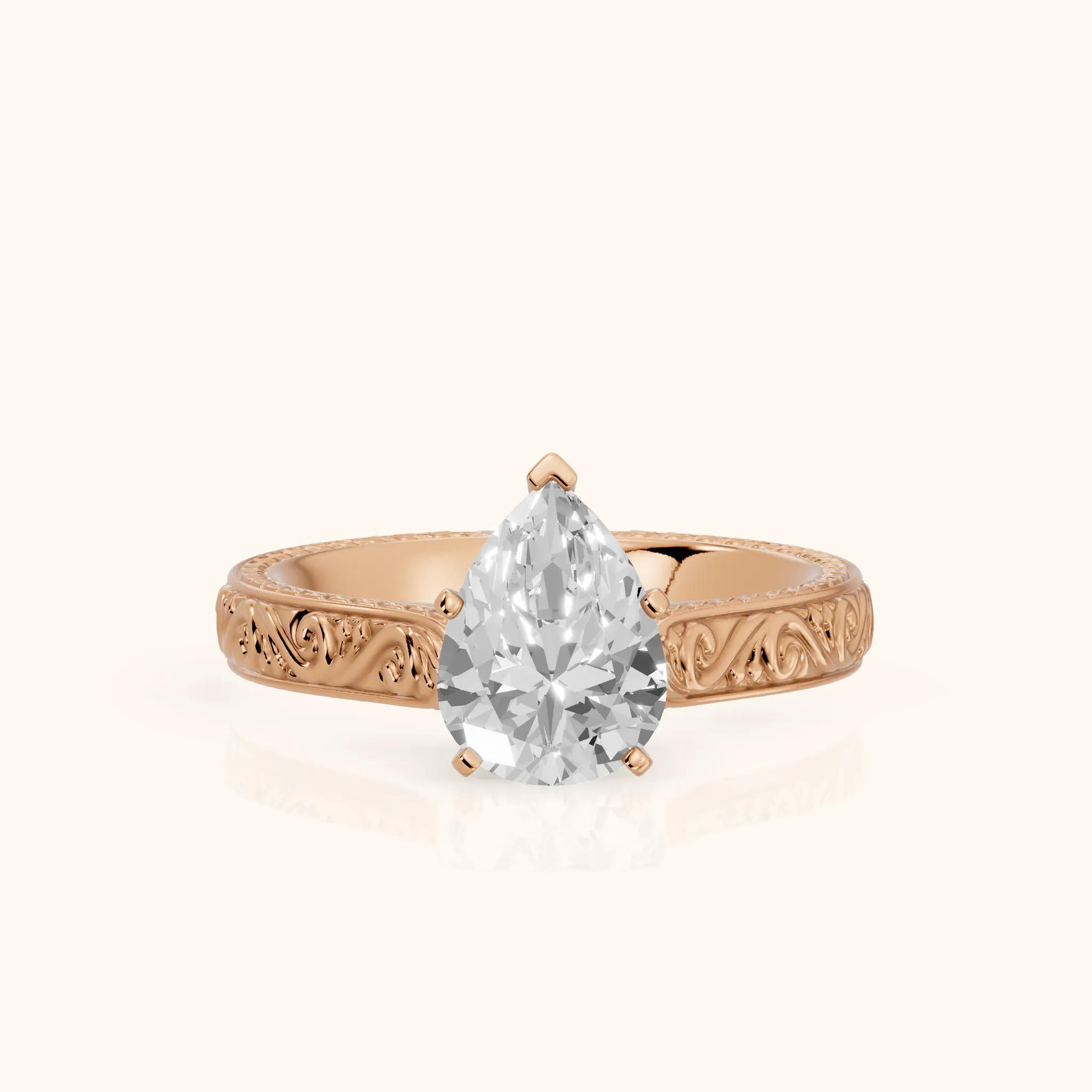 Fia Vintage Engraved Pear Diamond Engagement Ring in Rose Gold — view 1