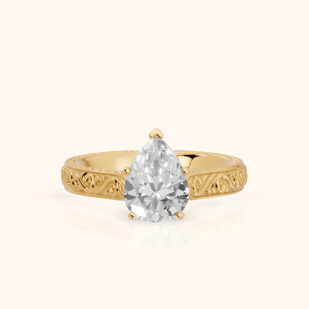Fia Vintage Engraved Pear Diamond Engagement Ring in Yellow Gold — view 2