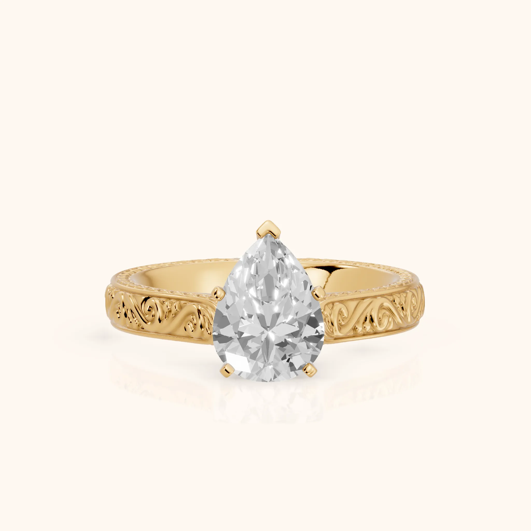 Fia Vintage Engraved Pear Diamond Engagement Ring in Yellow Gold — view 1