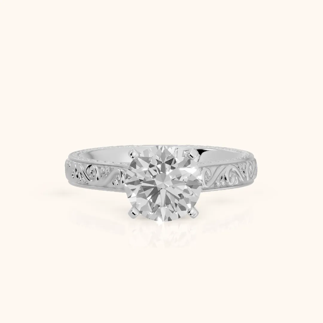 Fia Vintage Engraved Round Diamond Engagement Ring in Platinum — view 2