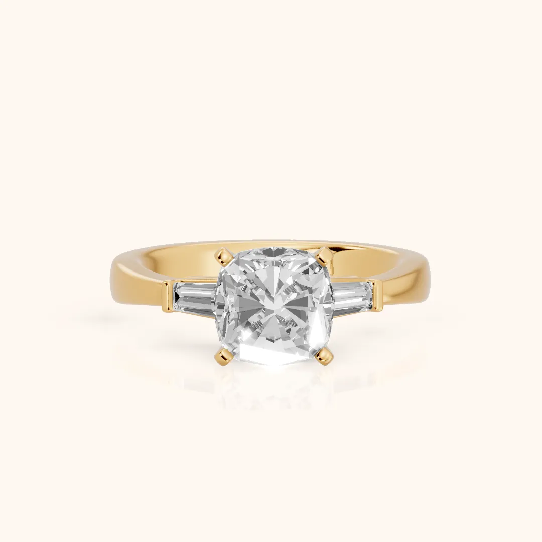 Jacinta Baguette Three-Stone Cushion Diamond Engagement Ring in Yellow Gold — view 2