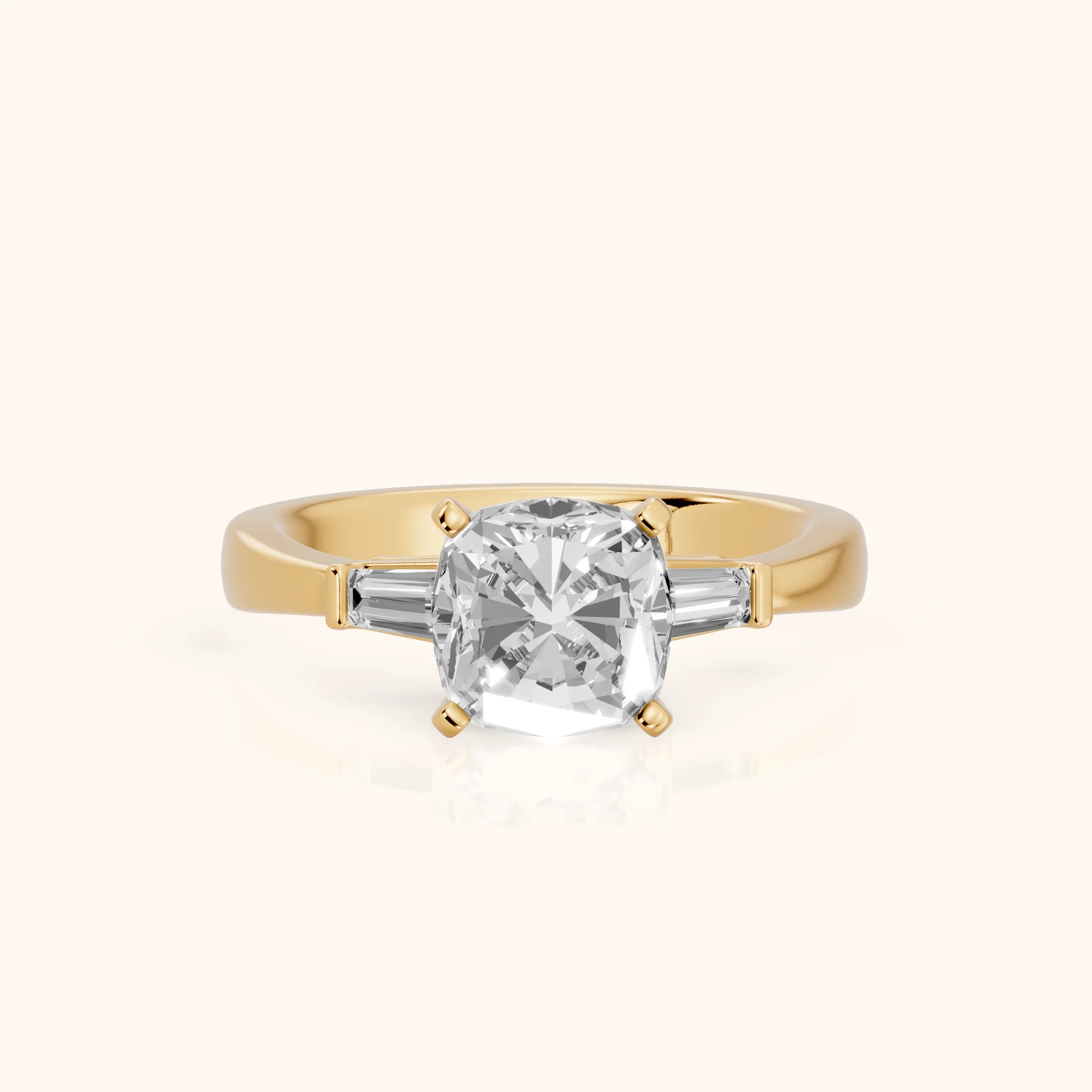 Jacinta Baguette Three-Stone Cushion Diamond Engagement Ring in Yellow Gold — view 1