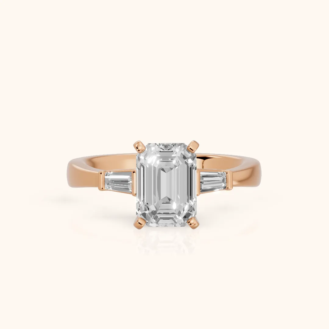 Jacinta Baguette Three-Stone Emerald Diamond Engagement Ring in Rose Gold — view 2