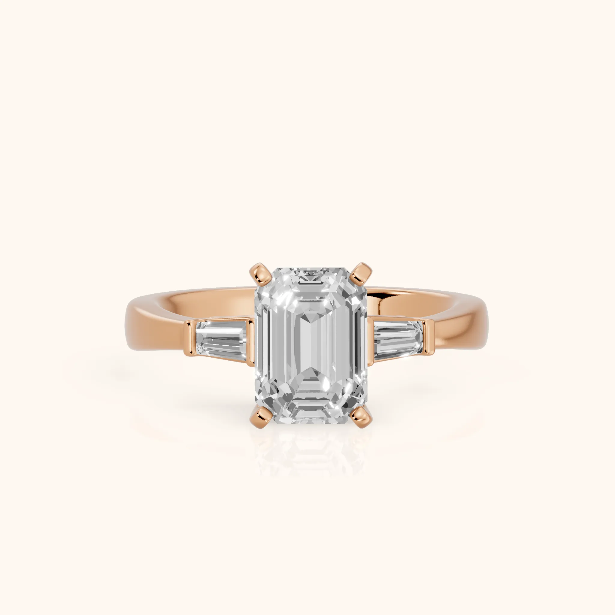 Jacinta Baguette Three-Stone Emerald Diamond Engagement Ring in Rose Gold — view 1