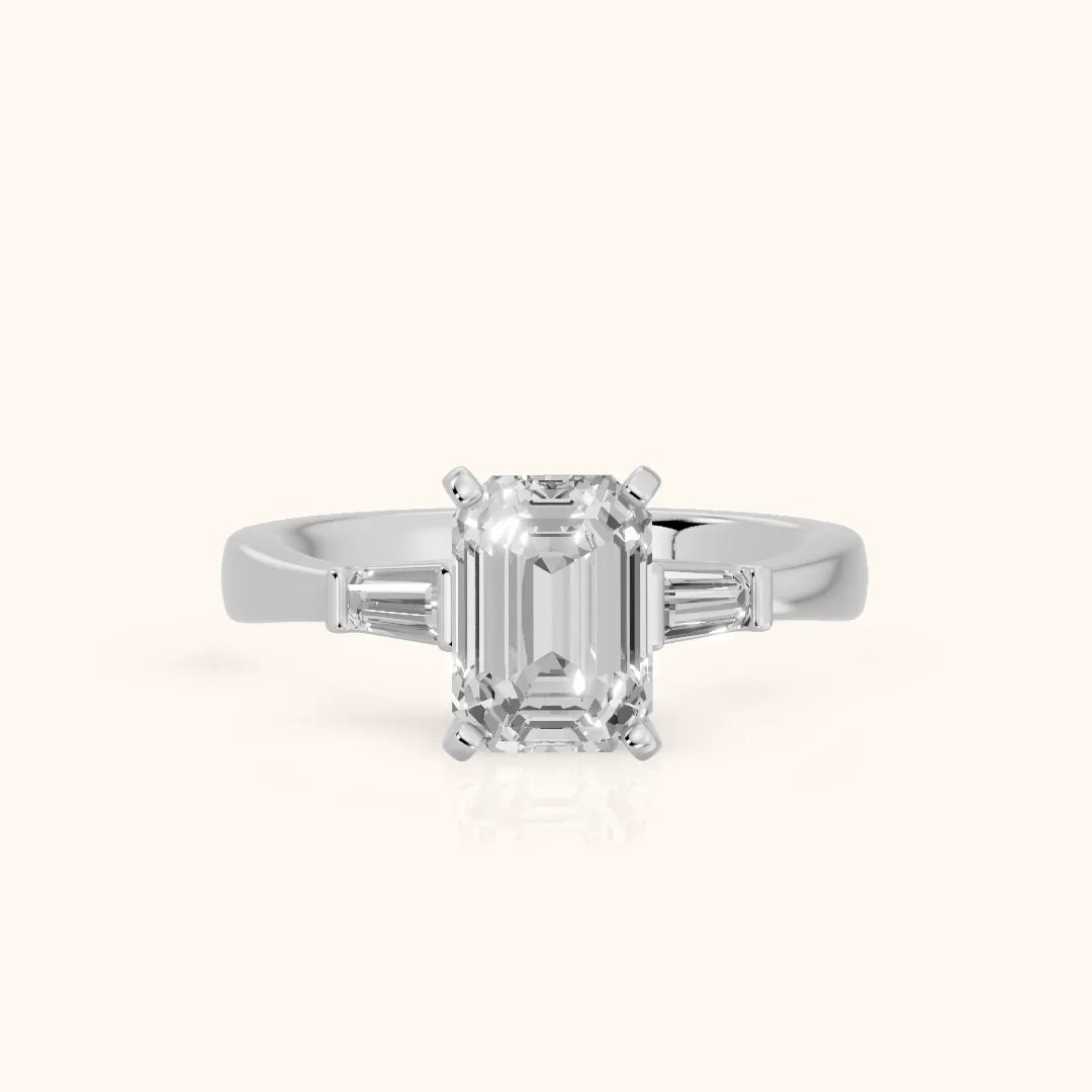 Jacinta Baguette Three-Stone Emerald Diamond Engagement Ring in Platinum — view 2