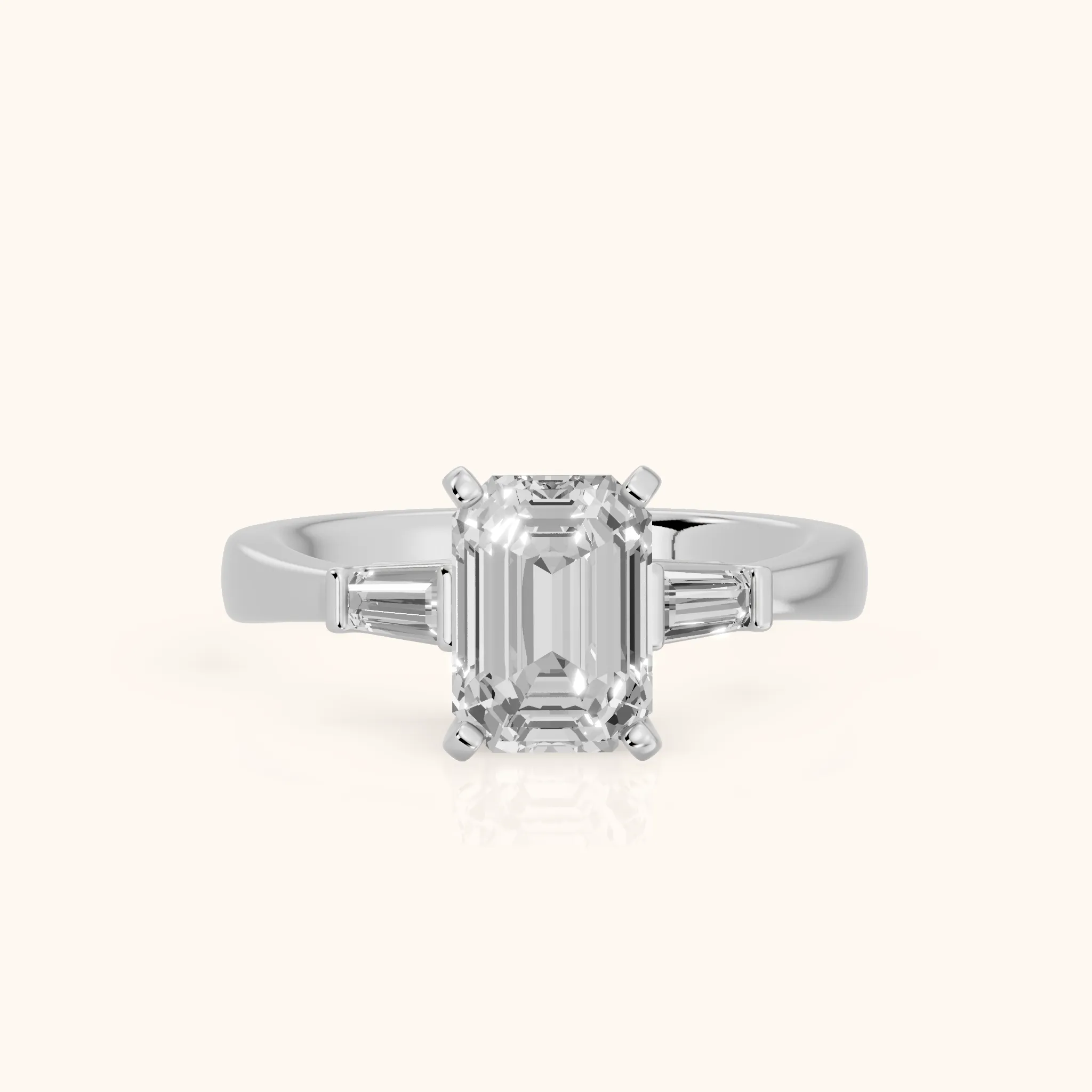 Jacinta Baguette Three-Stone Emerald Diamond Engagement Ring in Platinum — view 1