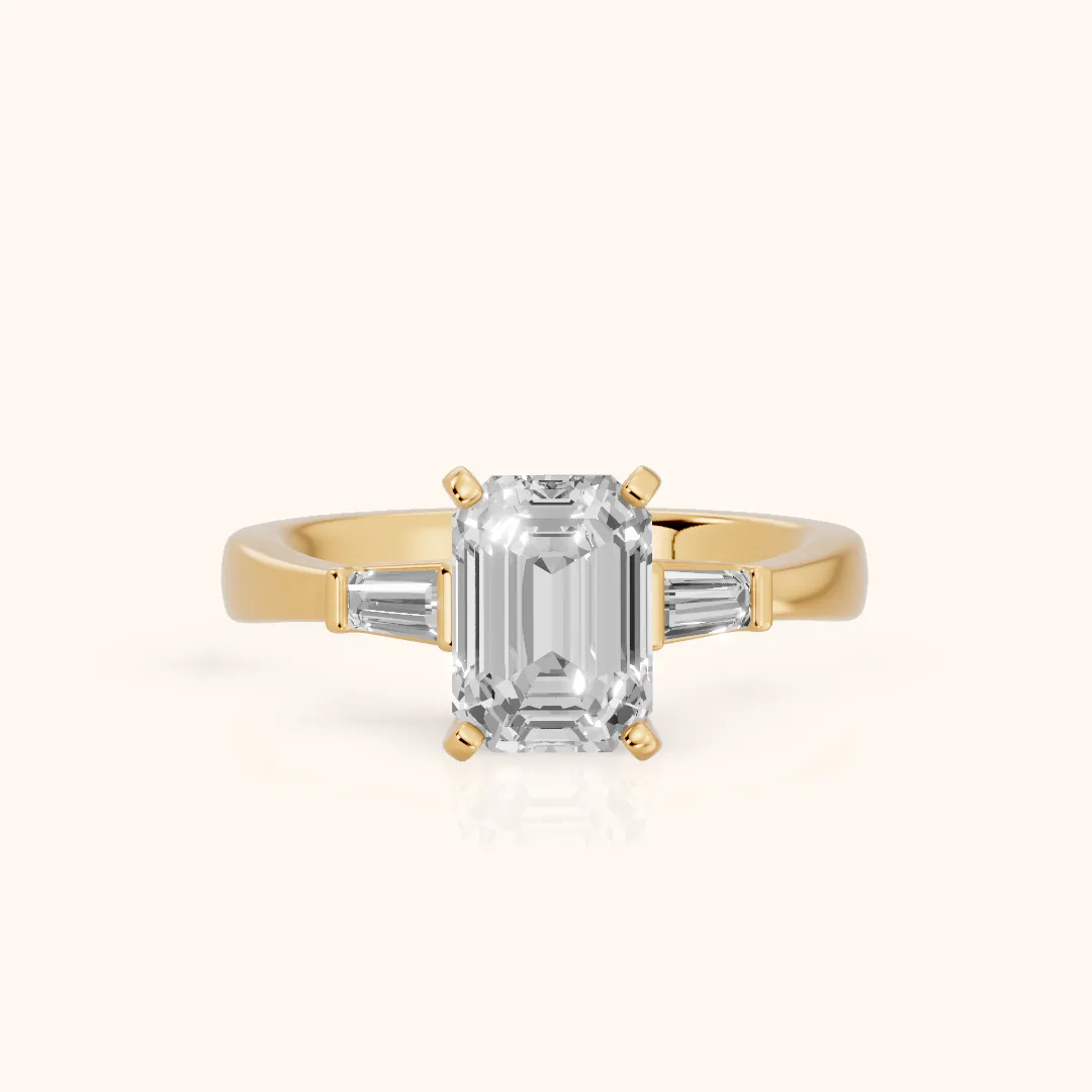 Jacinta Baguette Three-Stone Emerald Diamond Engagement Ring in Yellow Gold — view 2