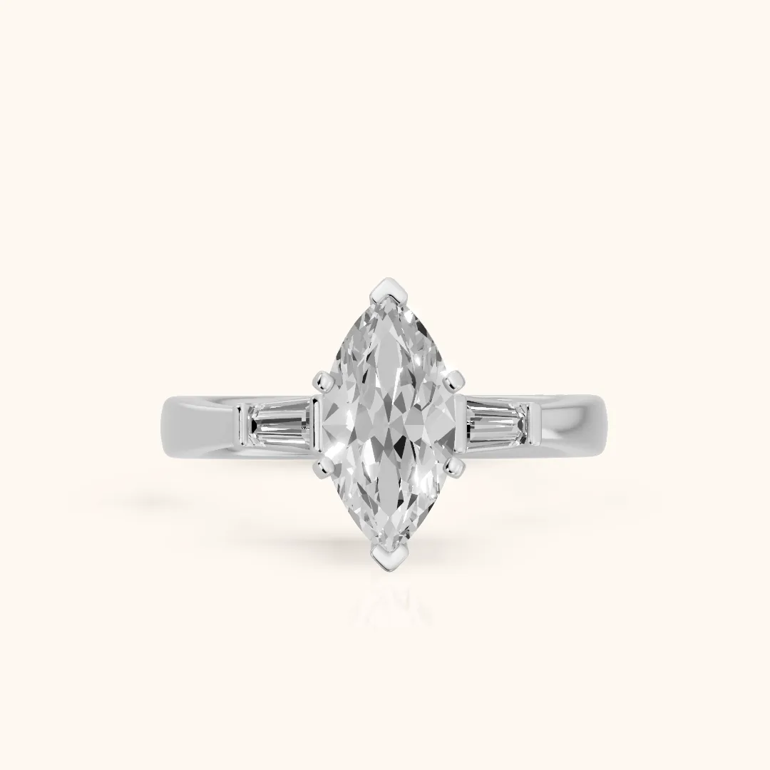 Jacinta Baguette Three-Stone Marquise Diamond Engagement Ring in White Gold — view 2