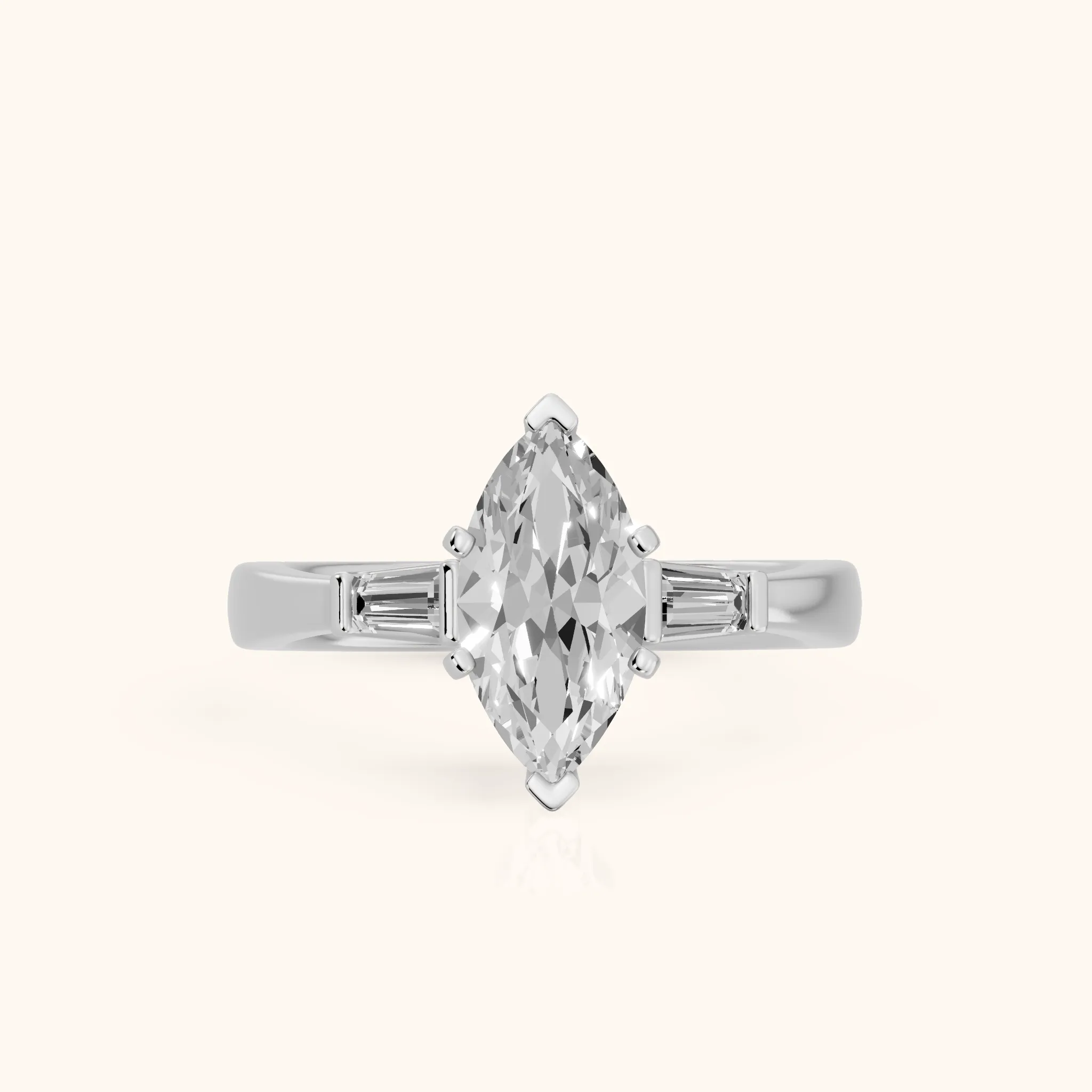 Jacinta Baguette Three-Stone Marquise Diamond Engagement Ring in White Gold — view 1