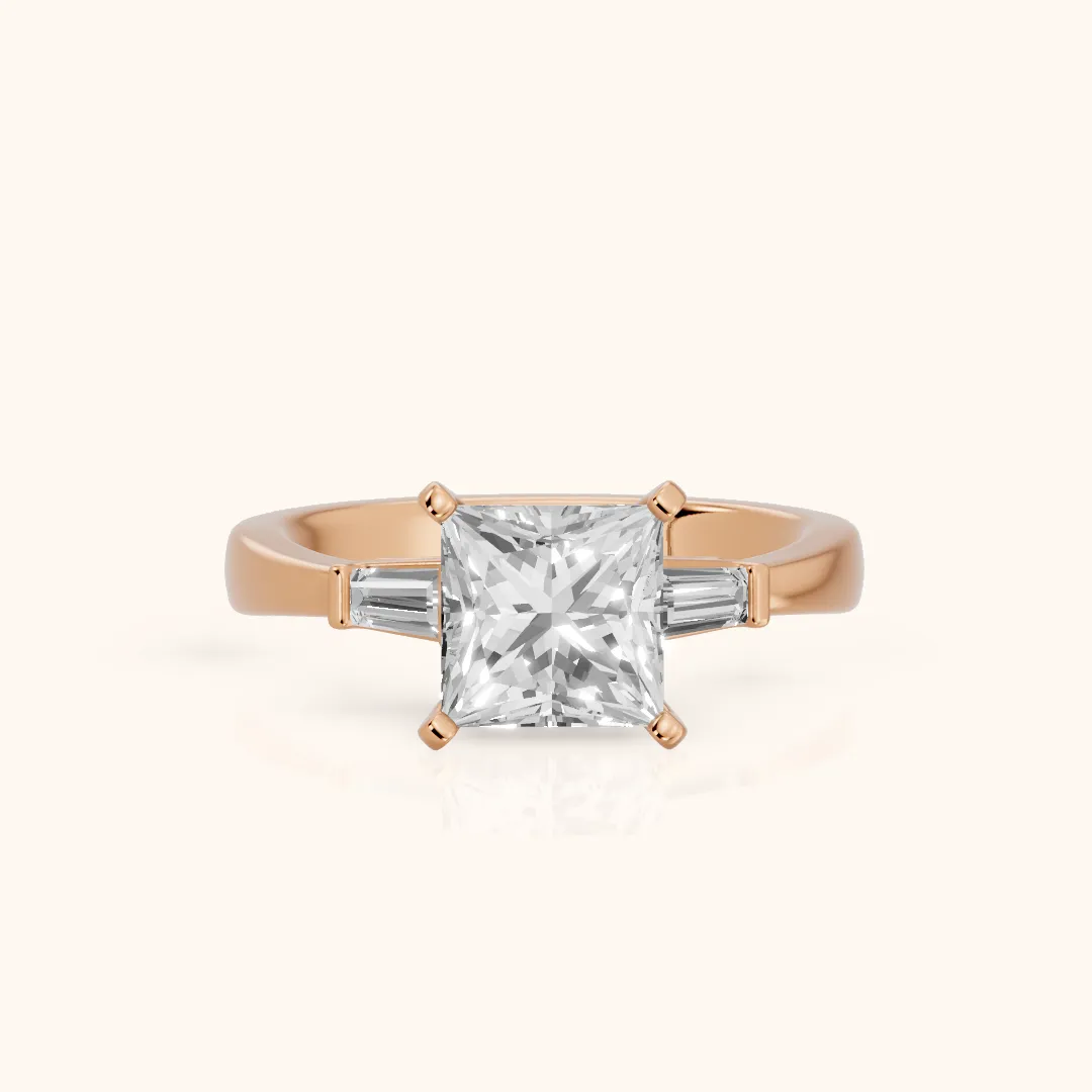 Jacinta Baguette Three-Stone Princess Diamond Engagement Ring in Rose Gold — view 2