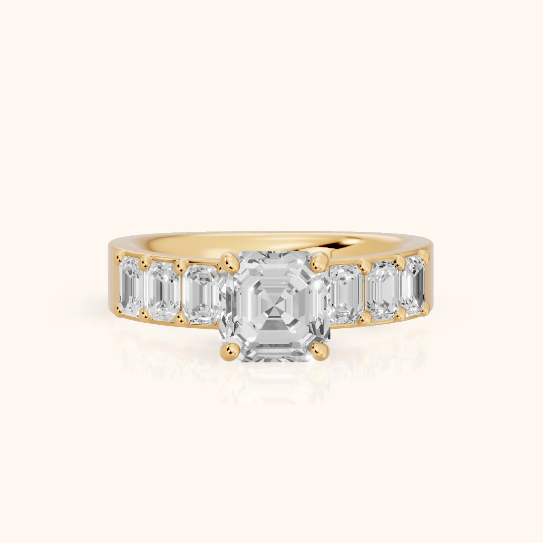 Maia Wide Band Baguette Asscher Diamond Engagement Ring in Yellow Gold — view 2