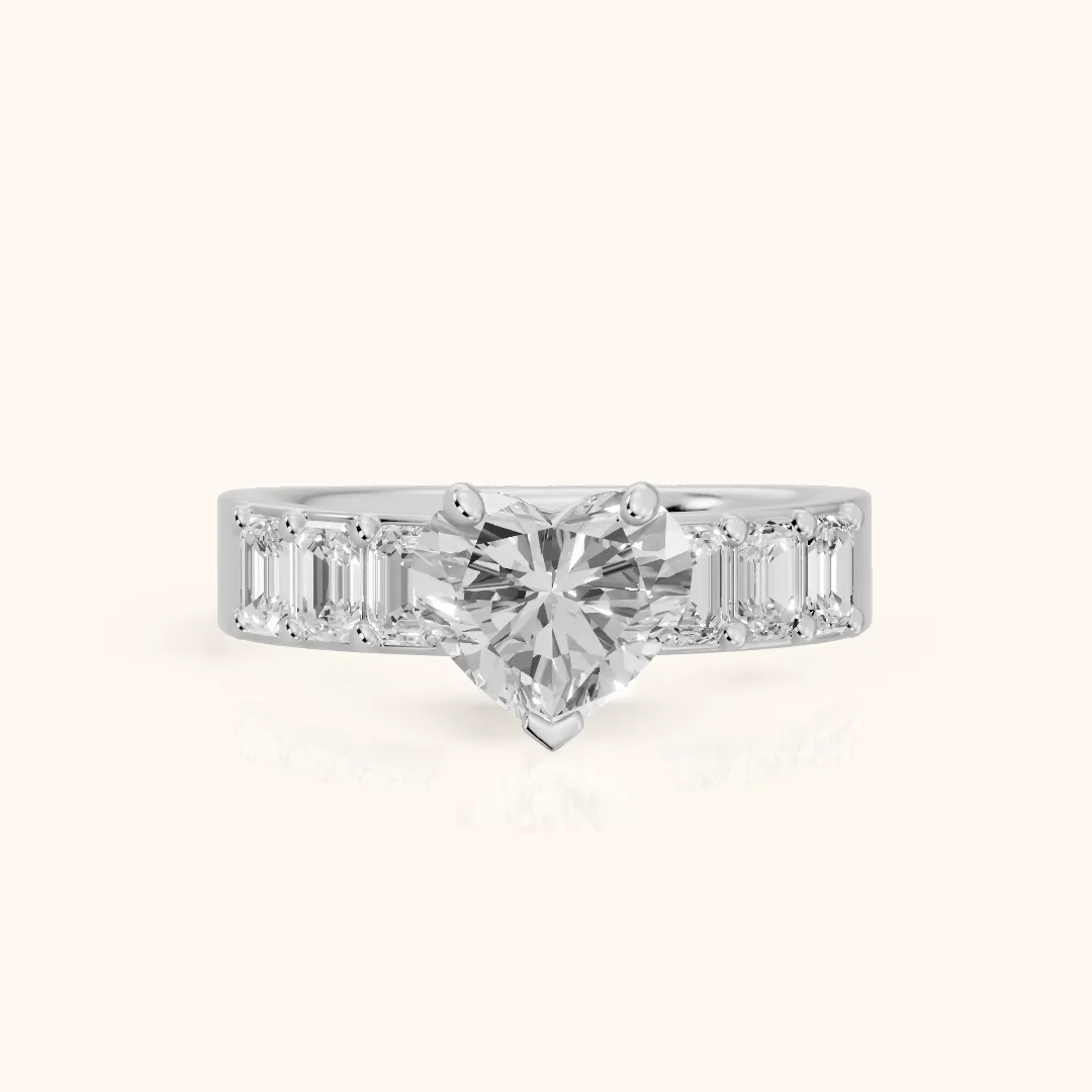 Maia Wide Band Baguette Heart Diamond Engagement Ring in White Gold — view 2