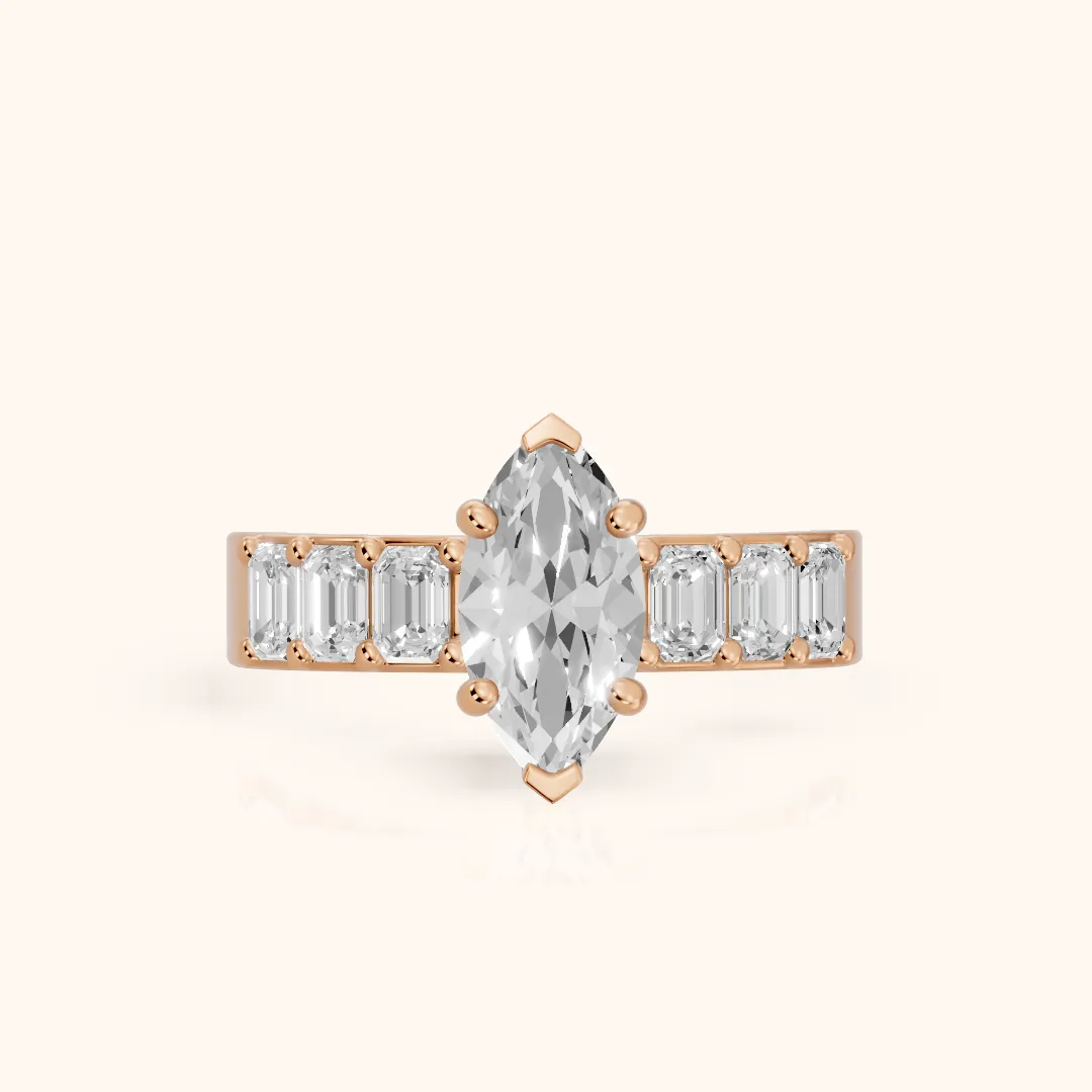 Maia Wide Band Baguette Marquise Diamond Engagement Ring in Rose Gold — view 2