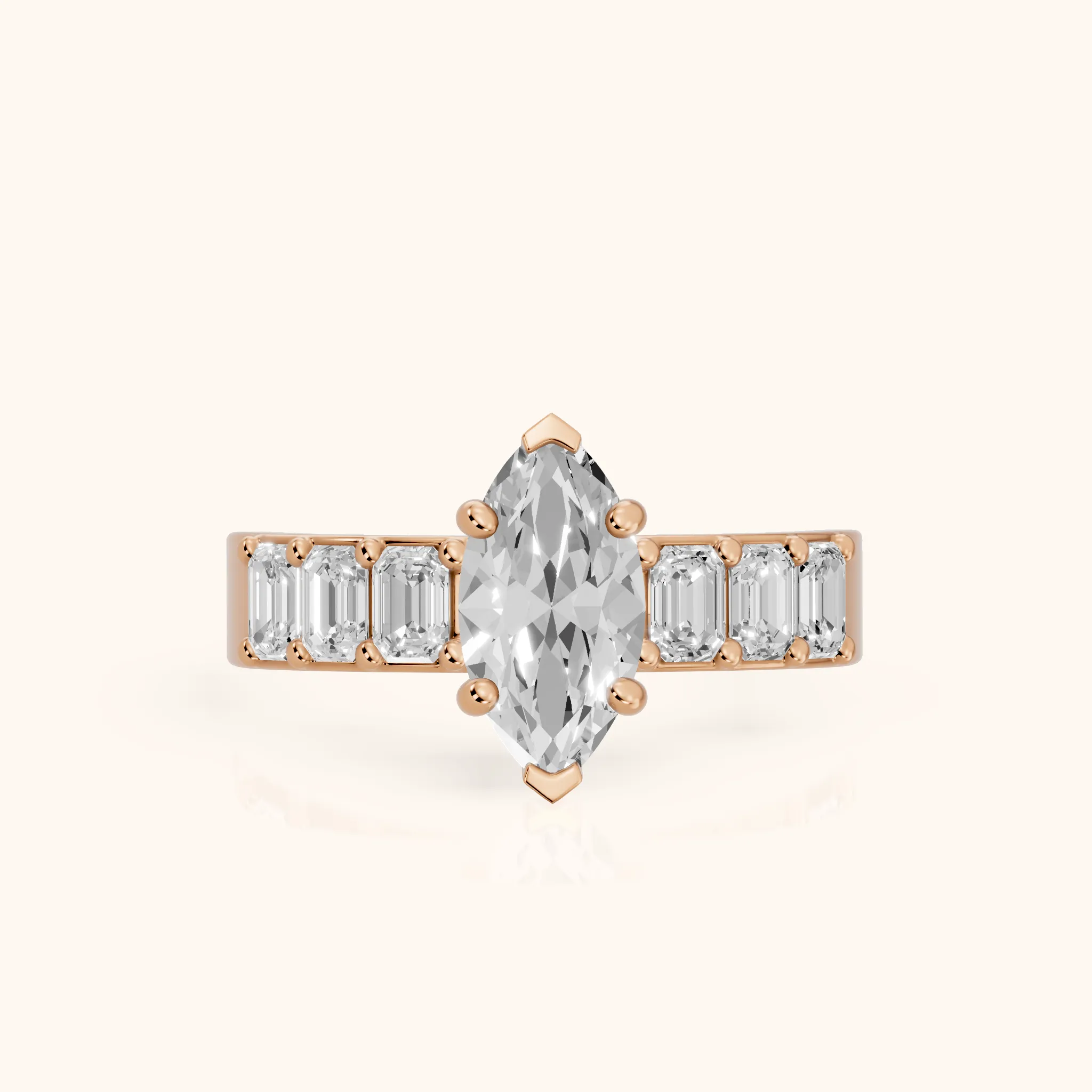 Maia Wide Band Baguette Marquise Diamond Engagement Ring in Rose Gold — view 1