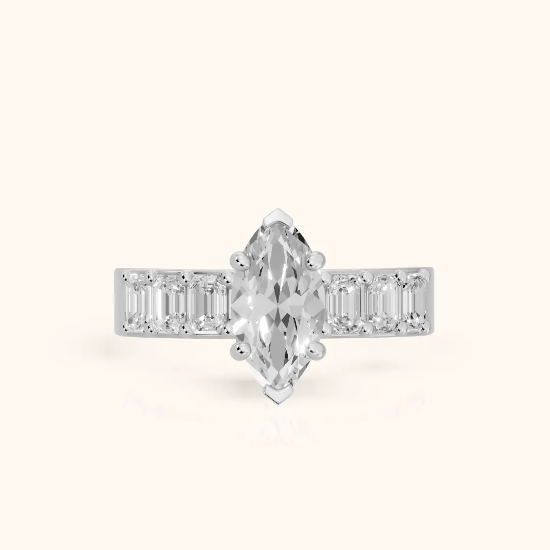 Maia Wide Band Baguette Marquise Diamond Engagement Ring in White Gold — view 2