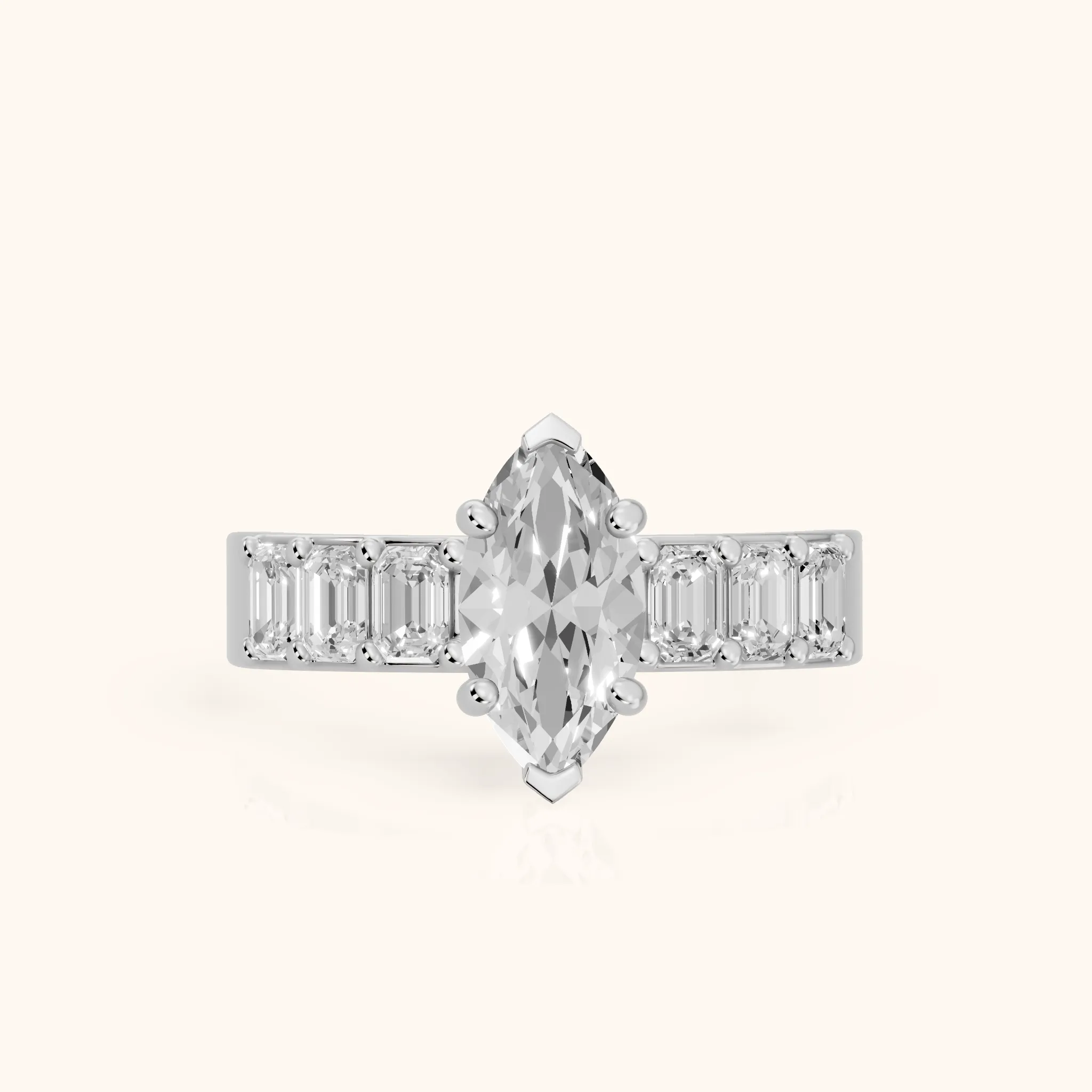 Maia Wide Band Baguette Marquise Diamond Engagement Ring in White Gold — view 1