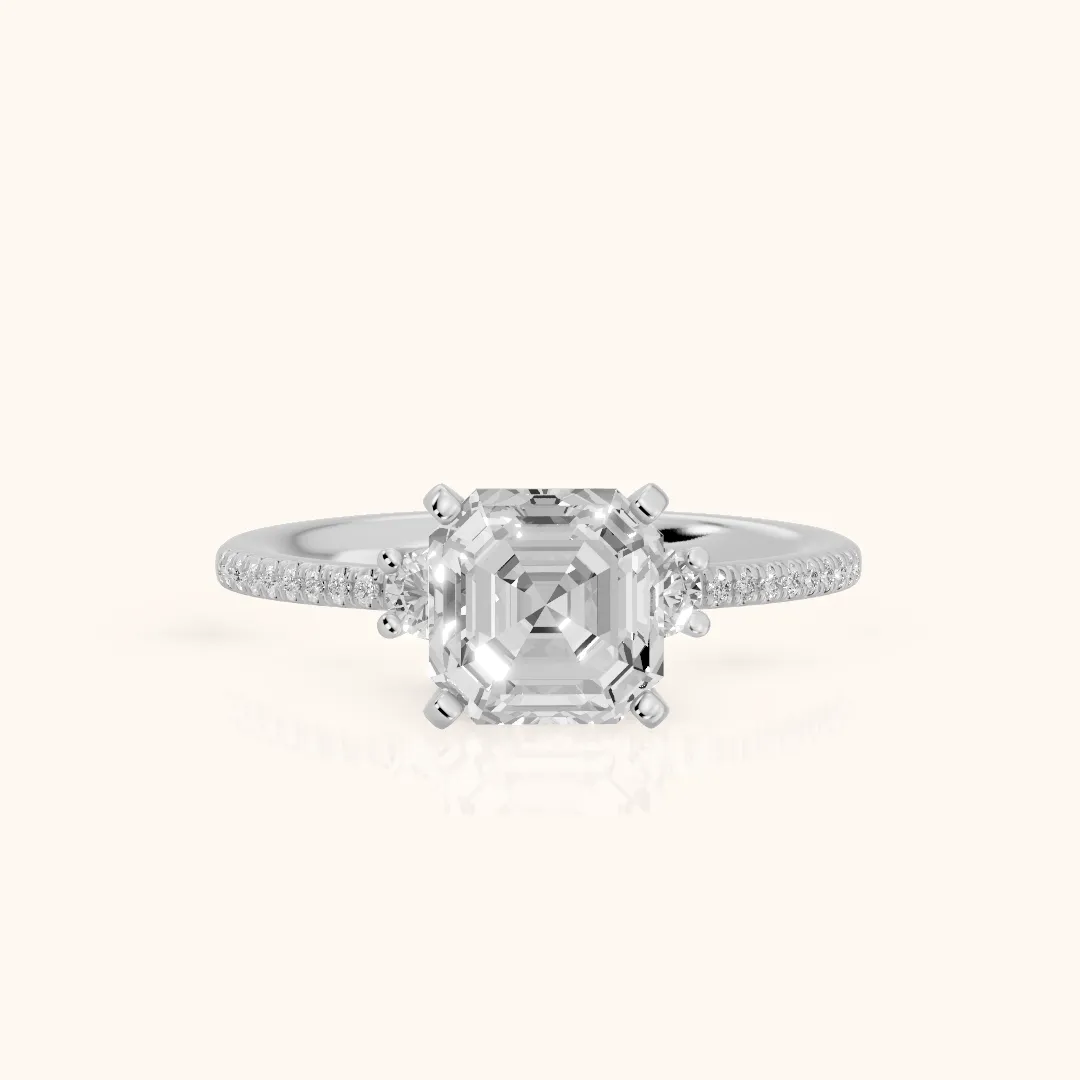Nerissa Three-Stone Micropavé Asscher Diamond Engagement Ring in White Gold — view 2