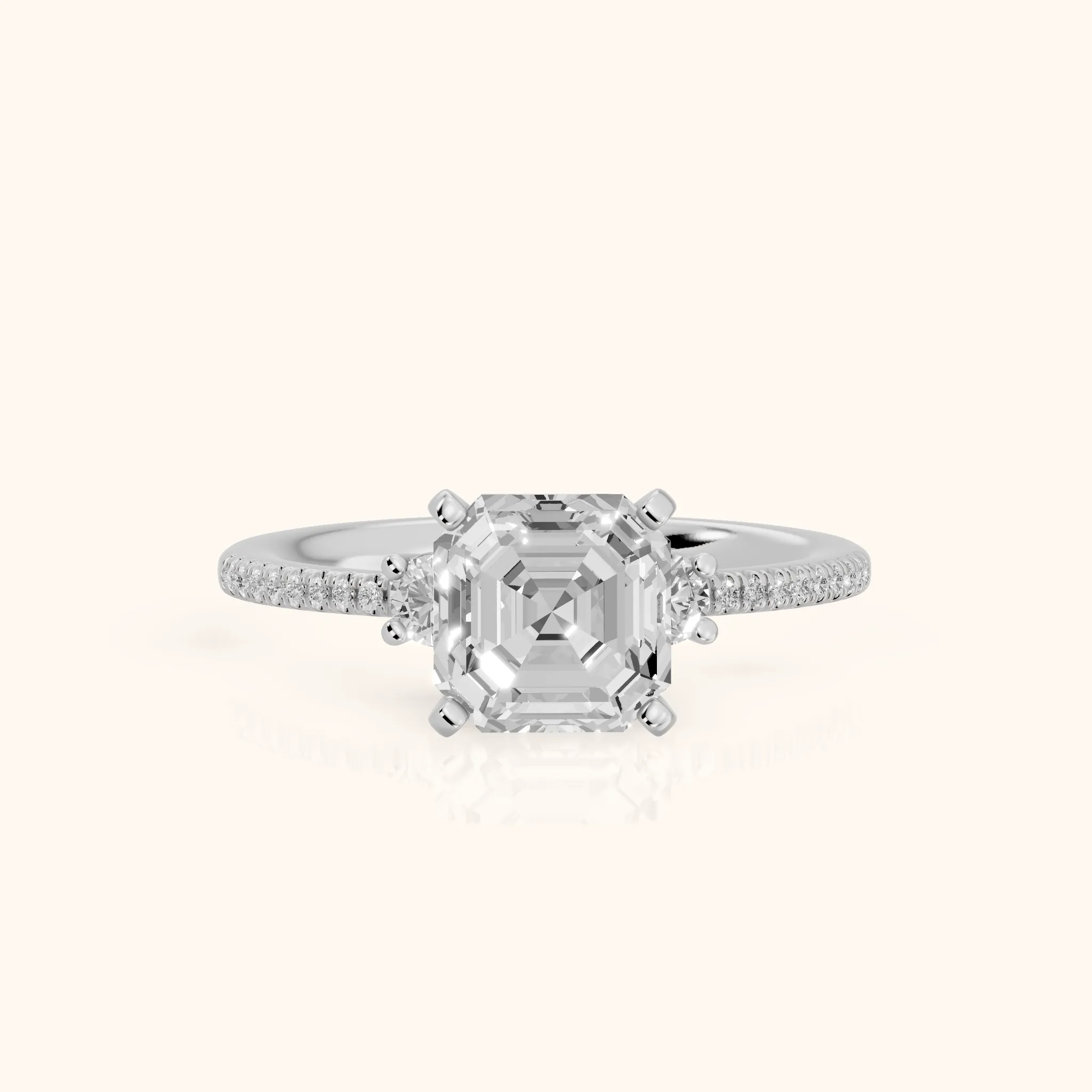 Nerissa Three-Stone Micropavé Asscher Diamond Engagement Ring in White Gold — view 1