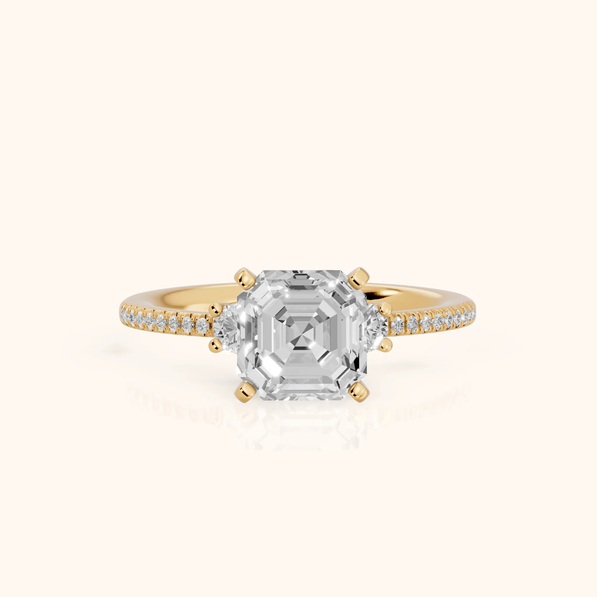 Nerissa Three-Stone Micropavé Asscher Diamond Engagement Ring in Yellow Gold — view 1